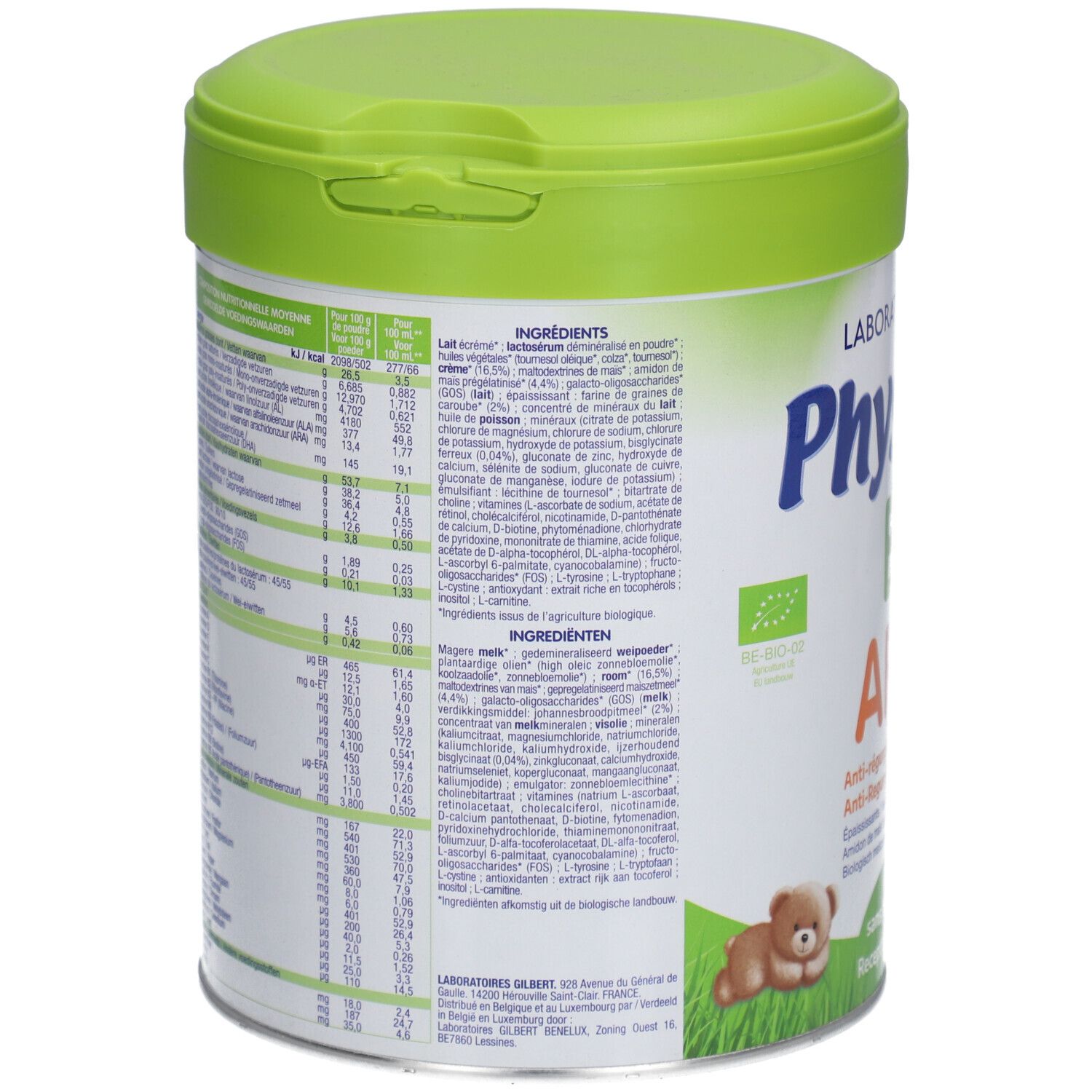 Physiolac AR 1 Bio pot, zijaanzicht. Ingrediëntenlijst en voedingswaarde. Bio-keurmerk. Kleine teddybeer.