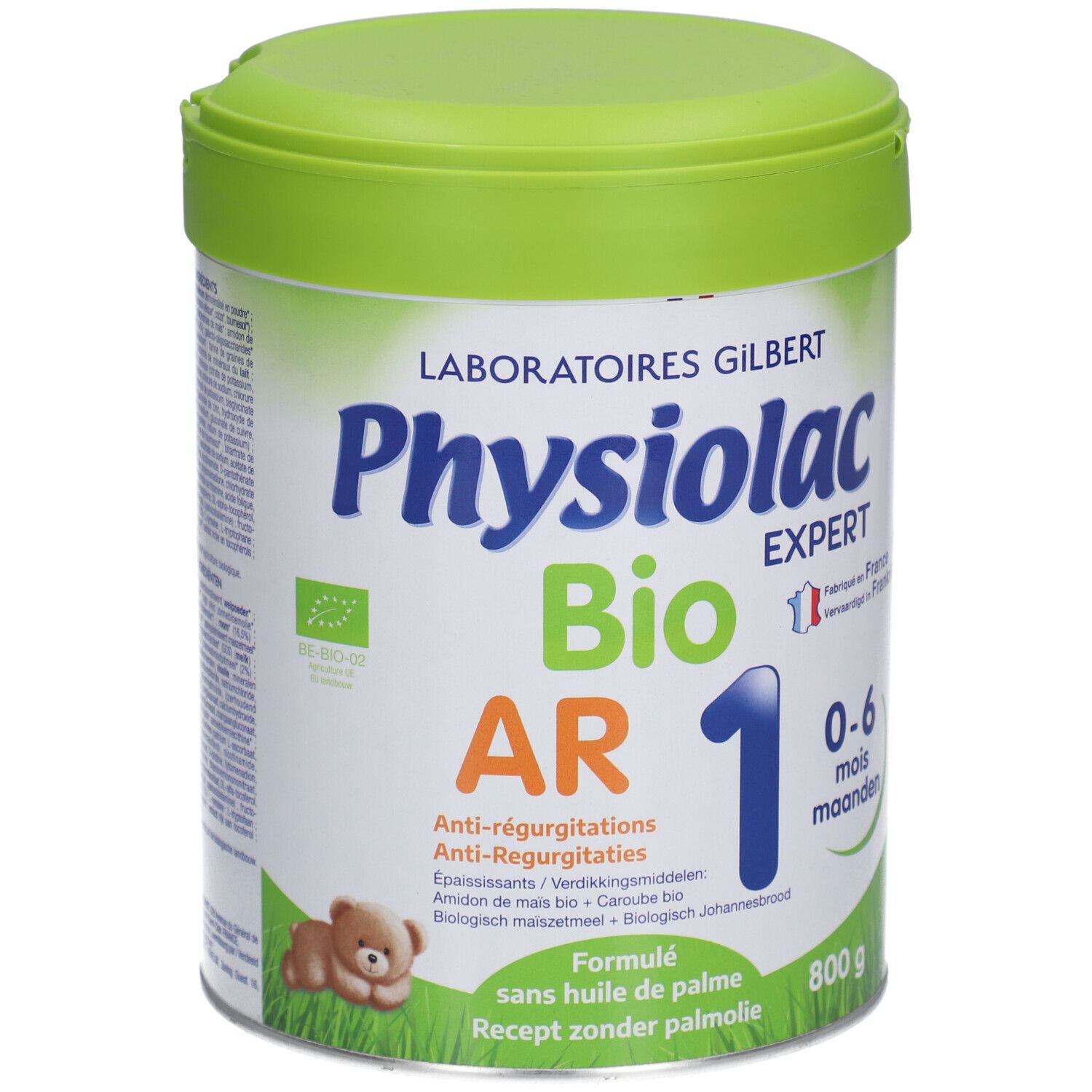 Physiolac AR 1 Bio pot, vooraanzicht. Groen deksel, opschrift: Anti-reflux, 0-6 maanden, 800g.
