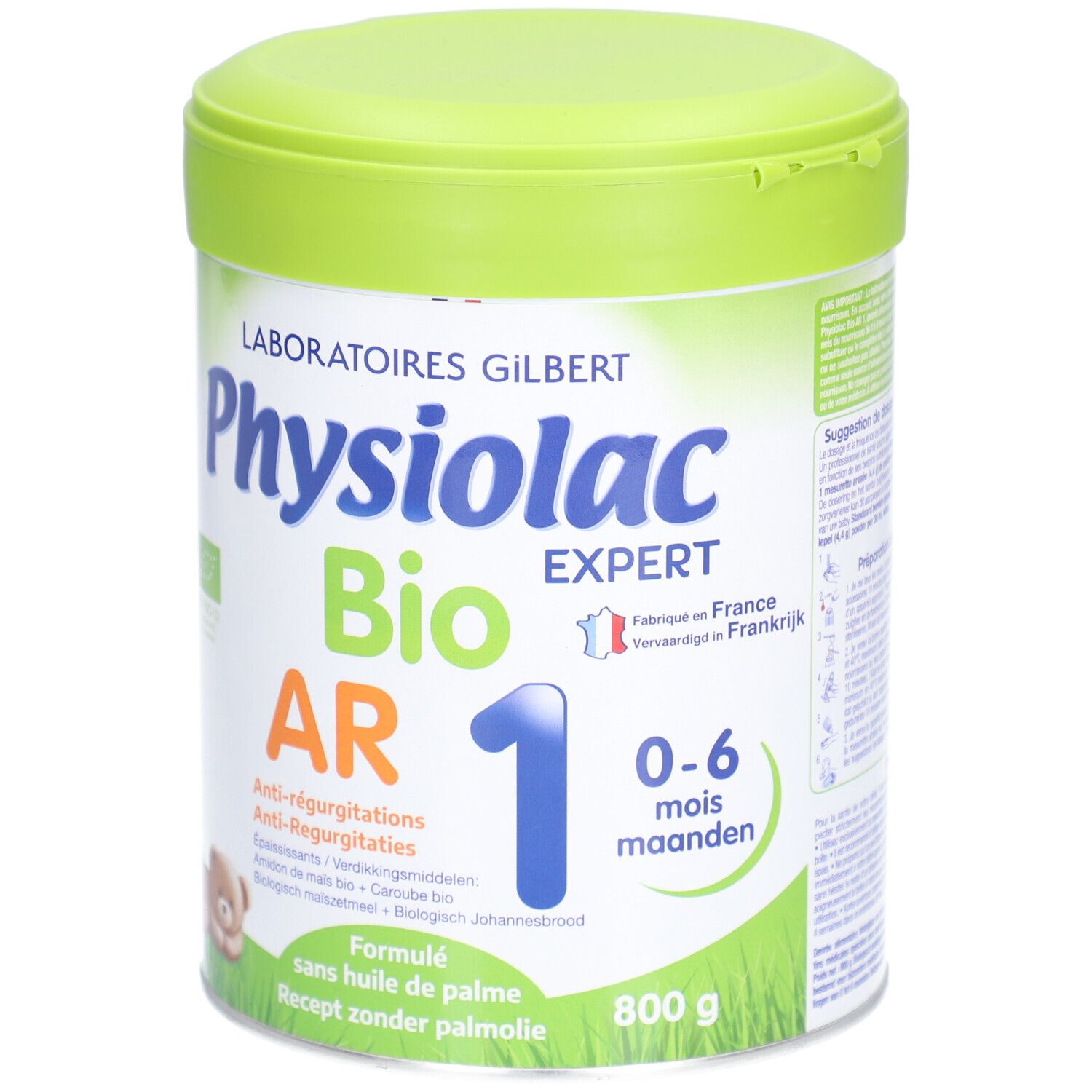 Physiolac AR 1 Bio pot, vooraanzicht. Groen deksel, opschrift: Anti-reflux, 0-6 maanden, 800g.