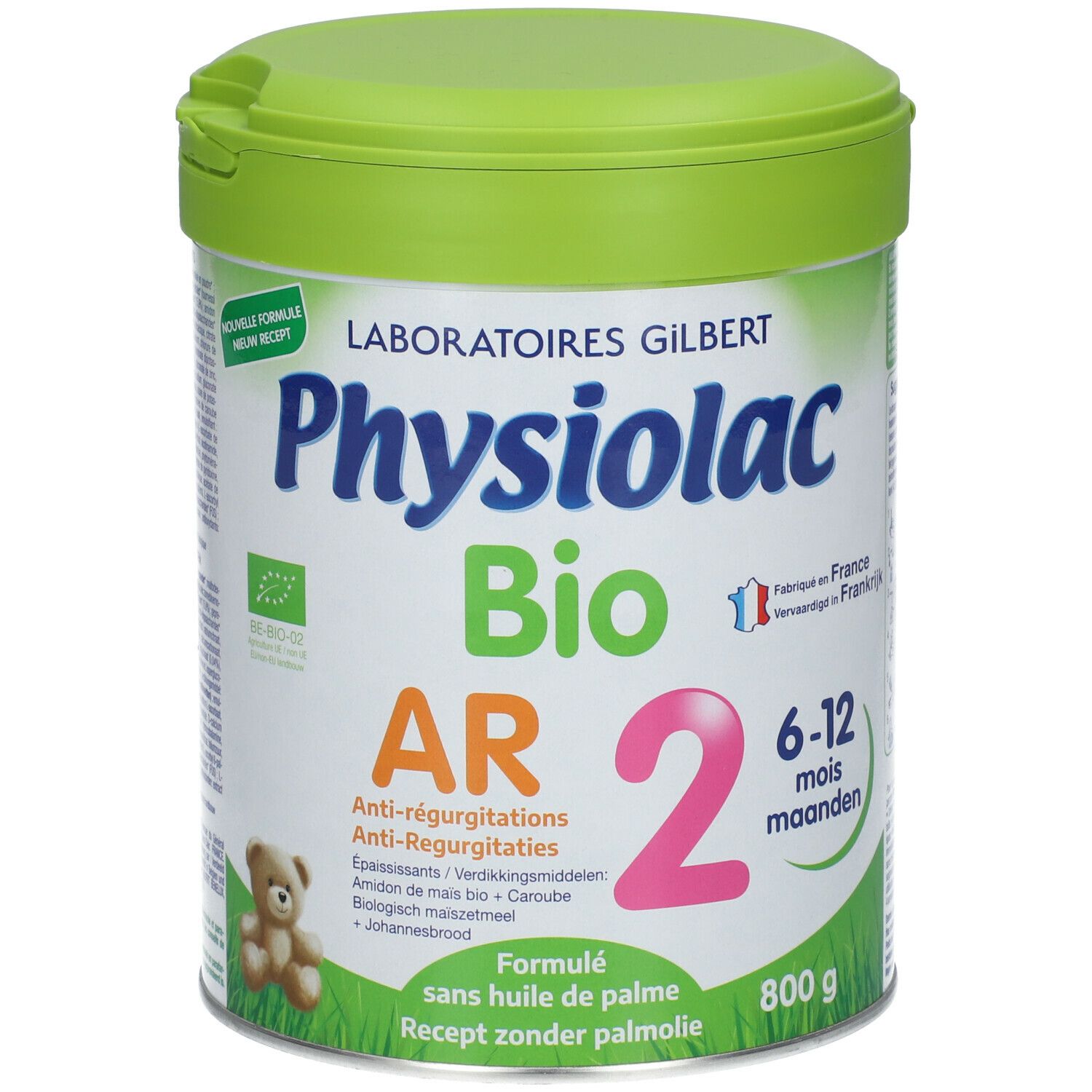 Physiolac Bio AR 2-verpakking met groene deksel. Opschrift: Anti-reflux, 6-12 maanden. Bio-label.