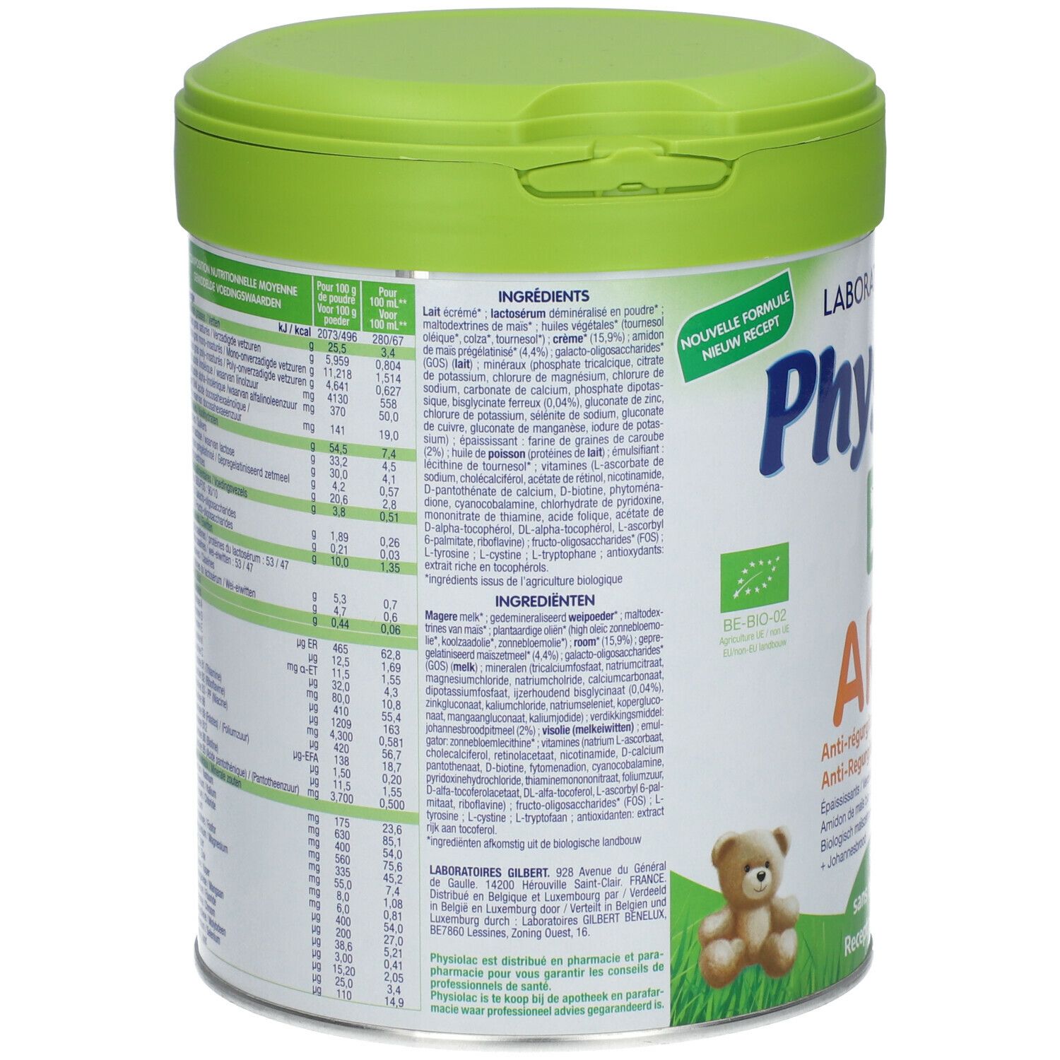 Achterkant van de verpakking Physiolac Bio AR 2. Bevat ingrediëntenlijst en voedingswaarde. Bio-label.