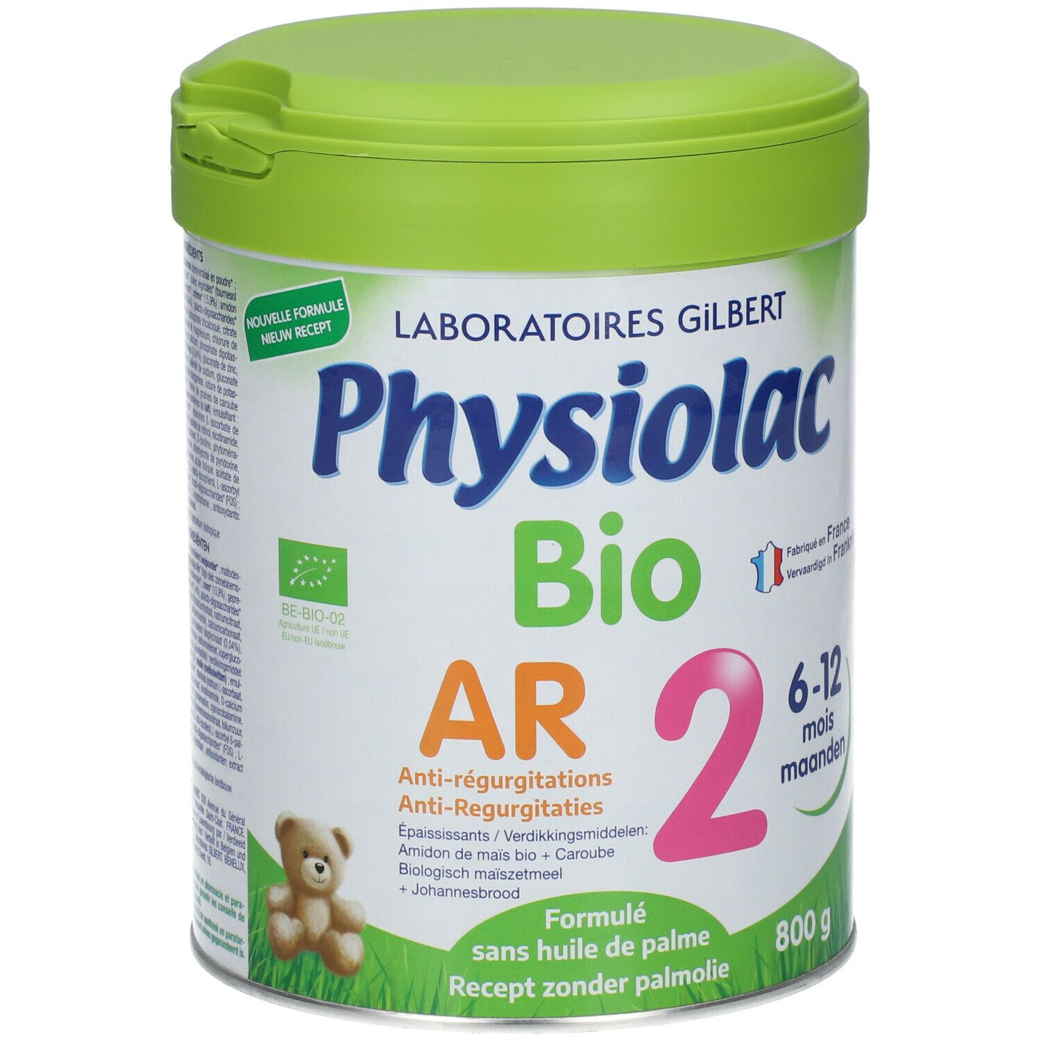 Physiolac Bio AR 2-verpakking met groene deksel. Opschrift: Anti-reflux, 6-12 maanden. Bio-label.