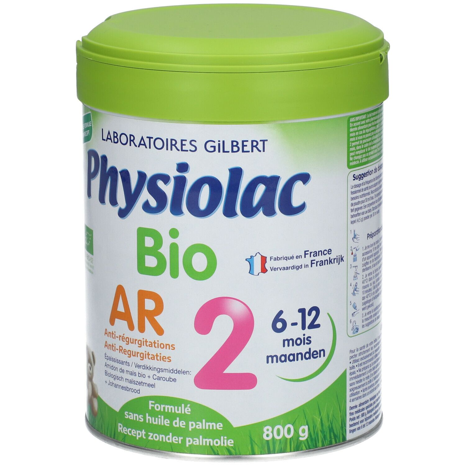 Physiolac Bio AR 2-verpakking met groene deksel. Opschrift: Anti-reflux, 6-12 maanden. Bio-label.