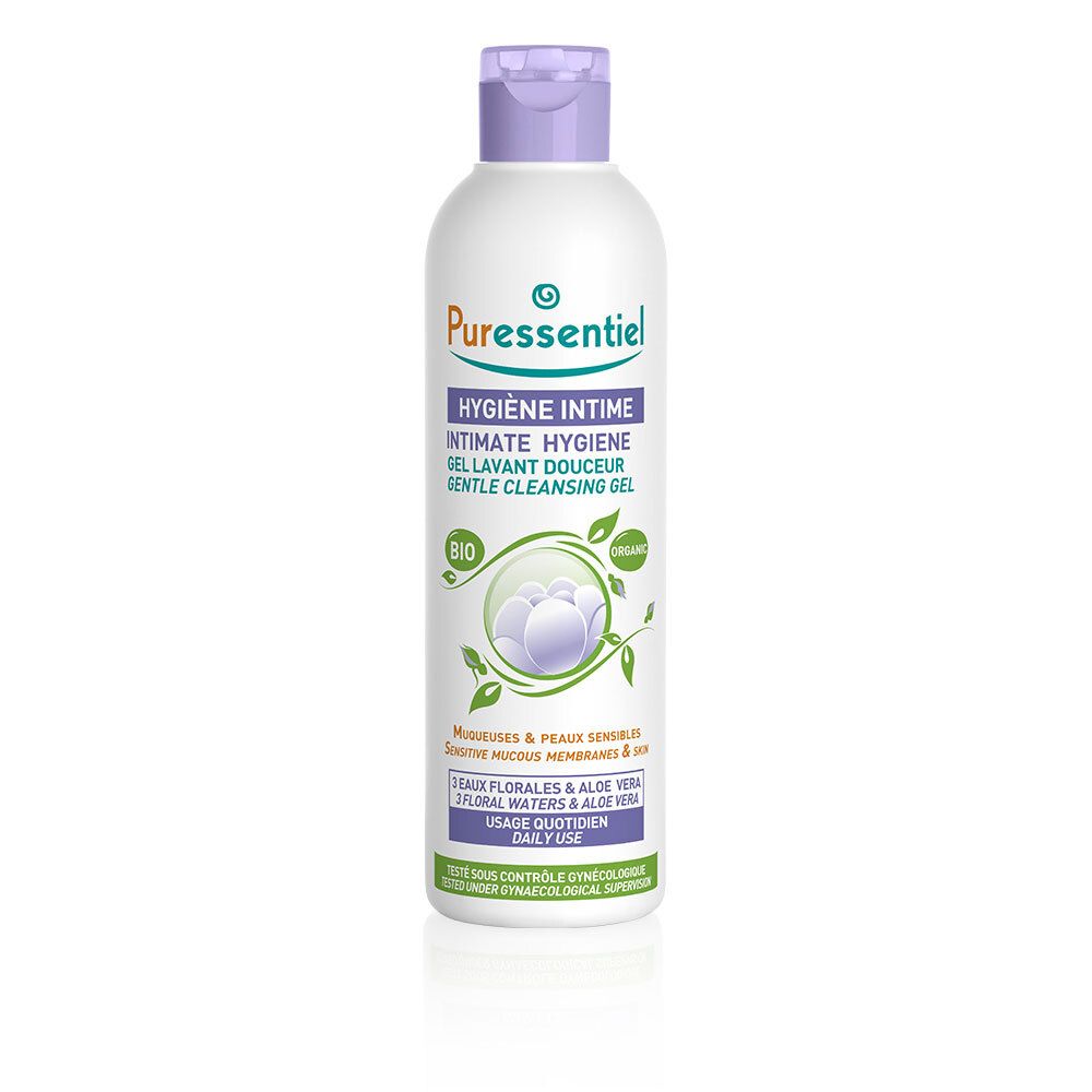 Flacon blanc, bouchon violet. Inscription: Puressentiel Hygiène Intime Gel Lavant Douceur. Certifié Bio.