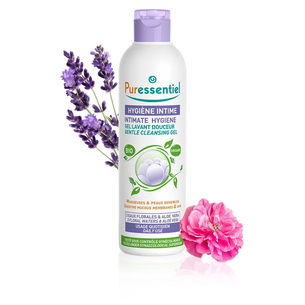 Flacon, bouchon violet, lavande et rose. Inscription: Puressentiel Hygiène Intime Gel Lavant Douceur. Certifié Bio.