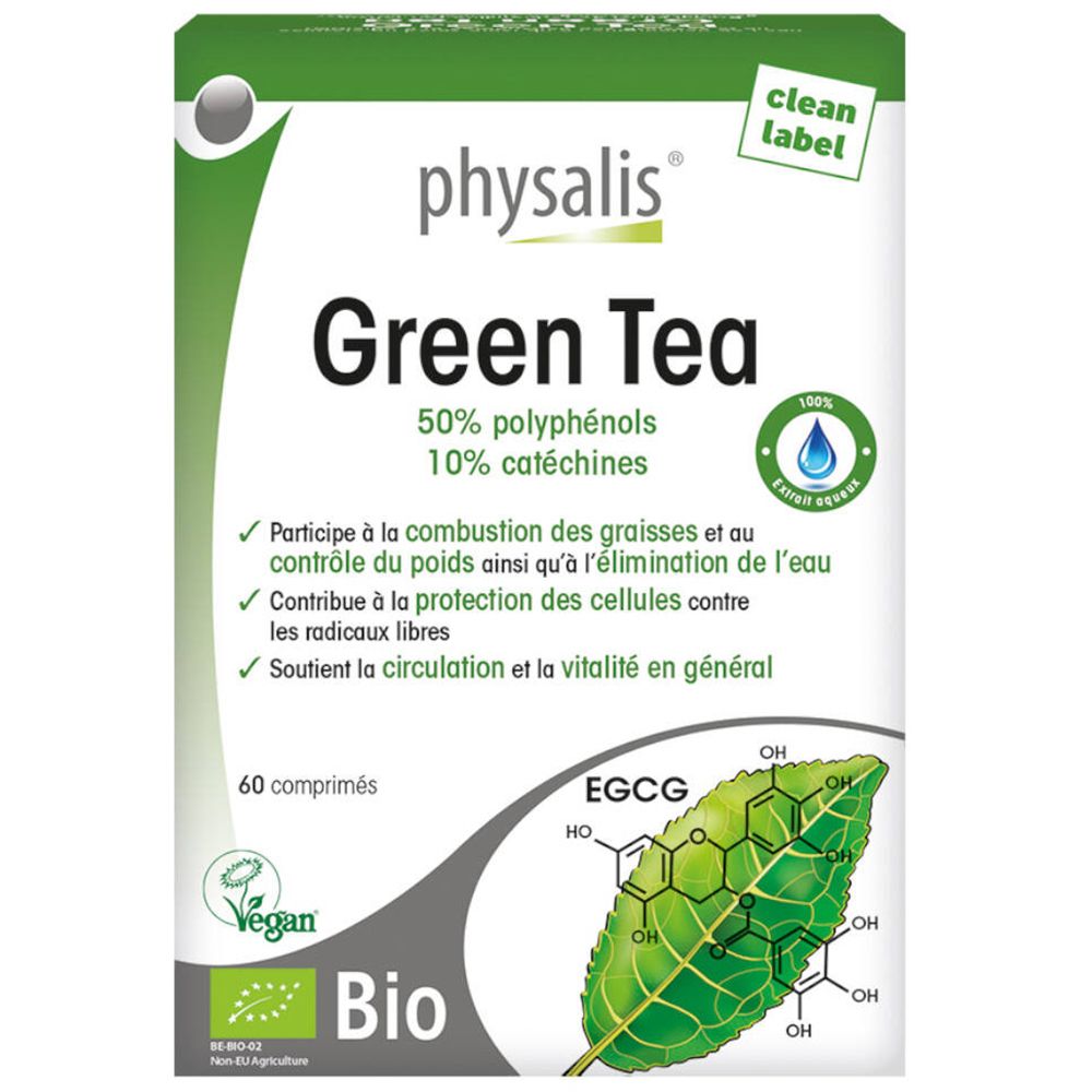 Boîte de complément alimentaire au thé vert. Inscription : Green Tea, Bio, 60 comprimés. Logo végan.