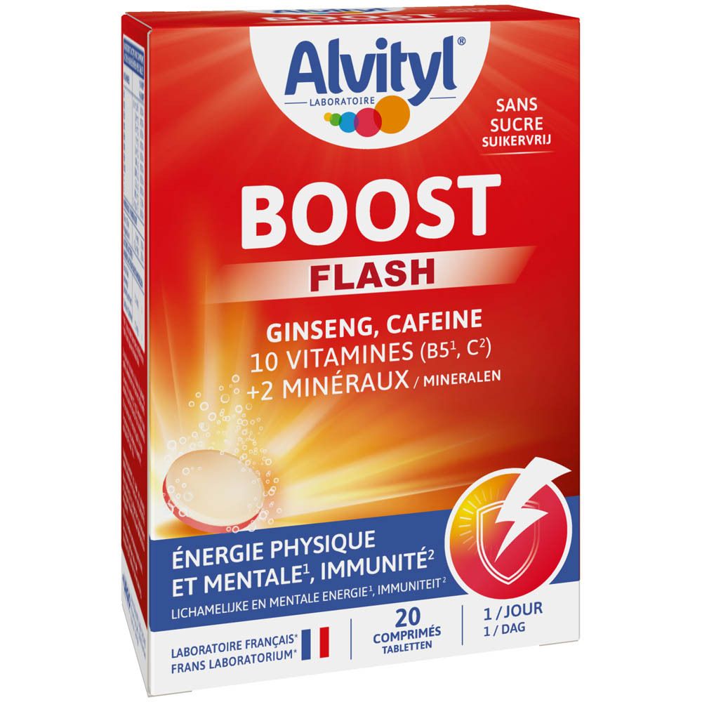 Boîte Alvityl Boost Flash. 20 comprimés. Ginseng, caféine, vitamines et minéraux. 1 comprimé par jour.