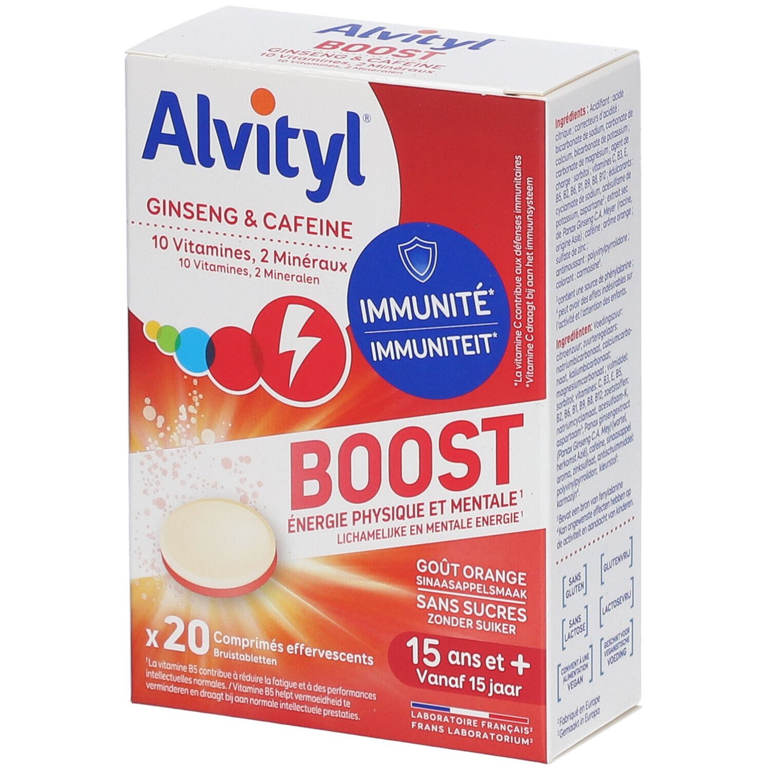 Boîte Alvityl Boost. 20 comprimés effervescents. Ginseng, caféine, vitamines et minéraux. Saveur orange.