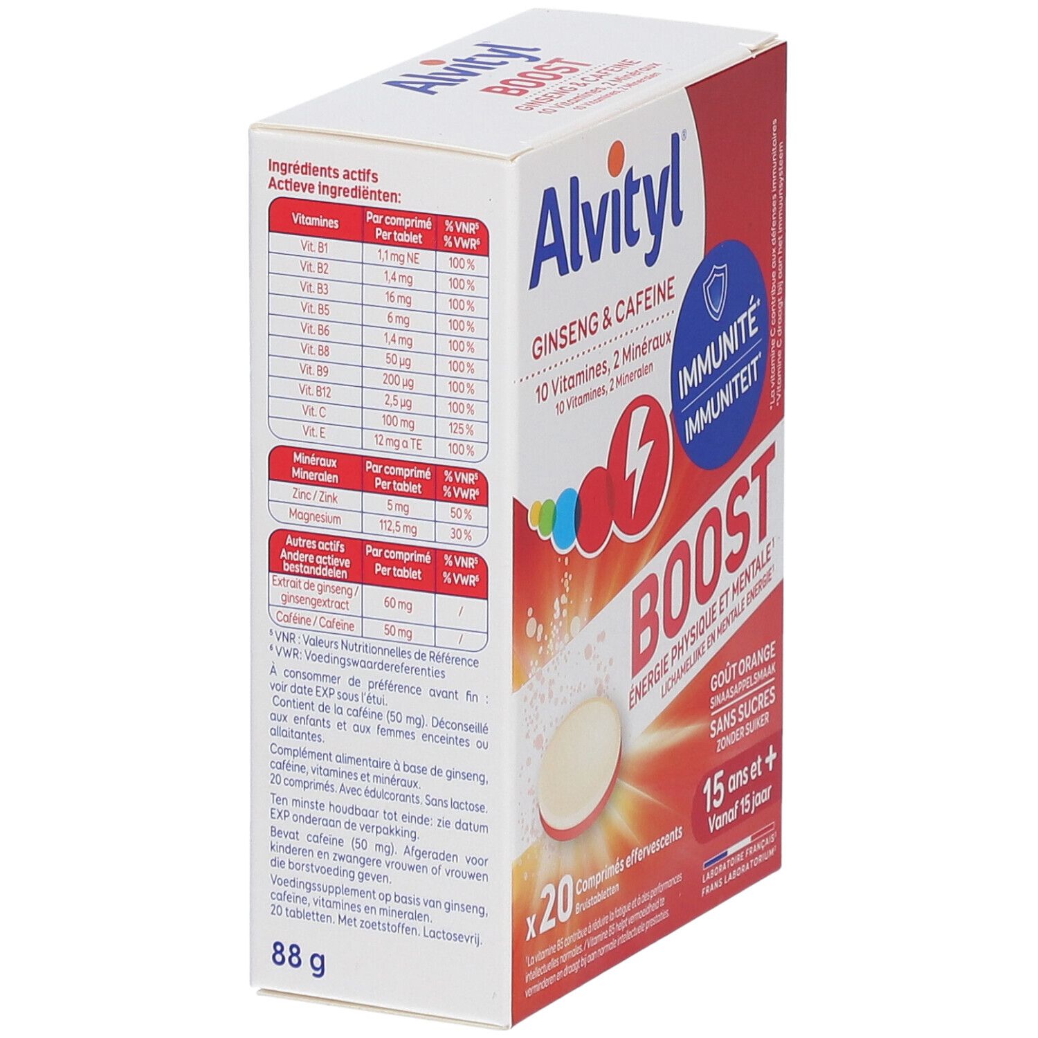 Boîte Alvityl Boost. Tableau des ingrédients actifs et des valeurs nutritionnelles par comprimé.