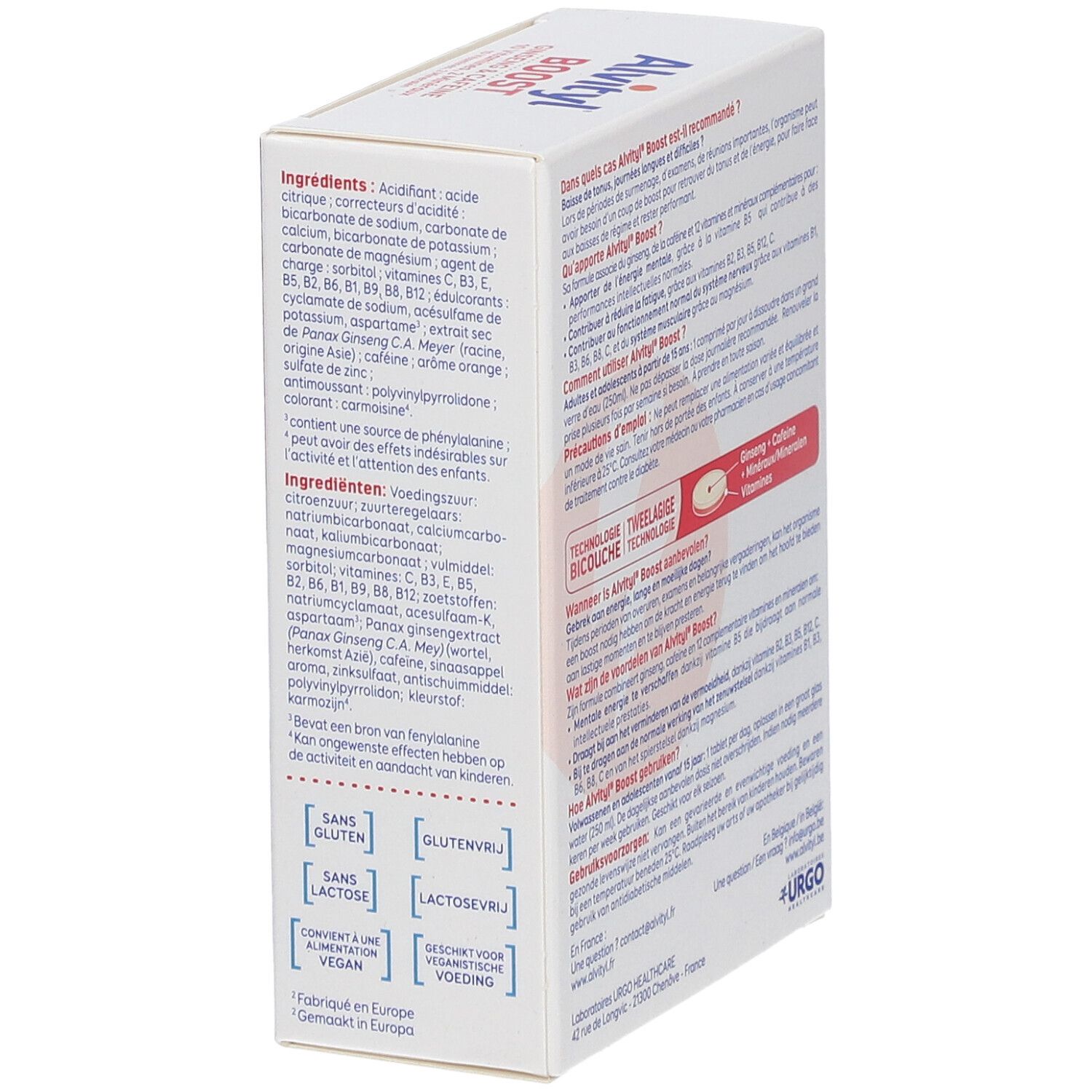 Côté de la boîte Alvityl Boost. Liste des ingrédients et certifications sans gluten, lactose et vegan.