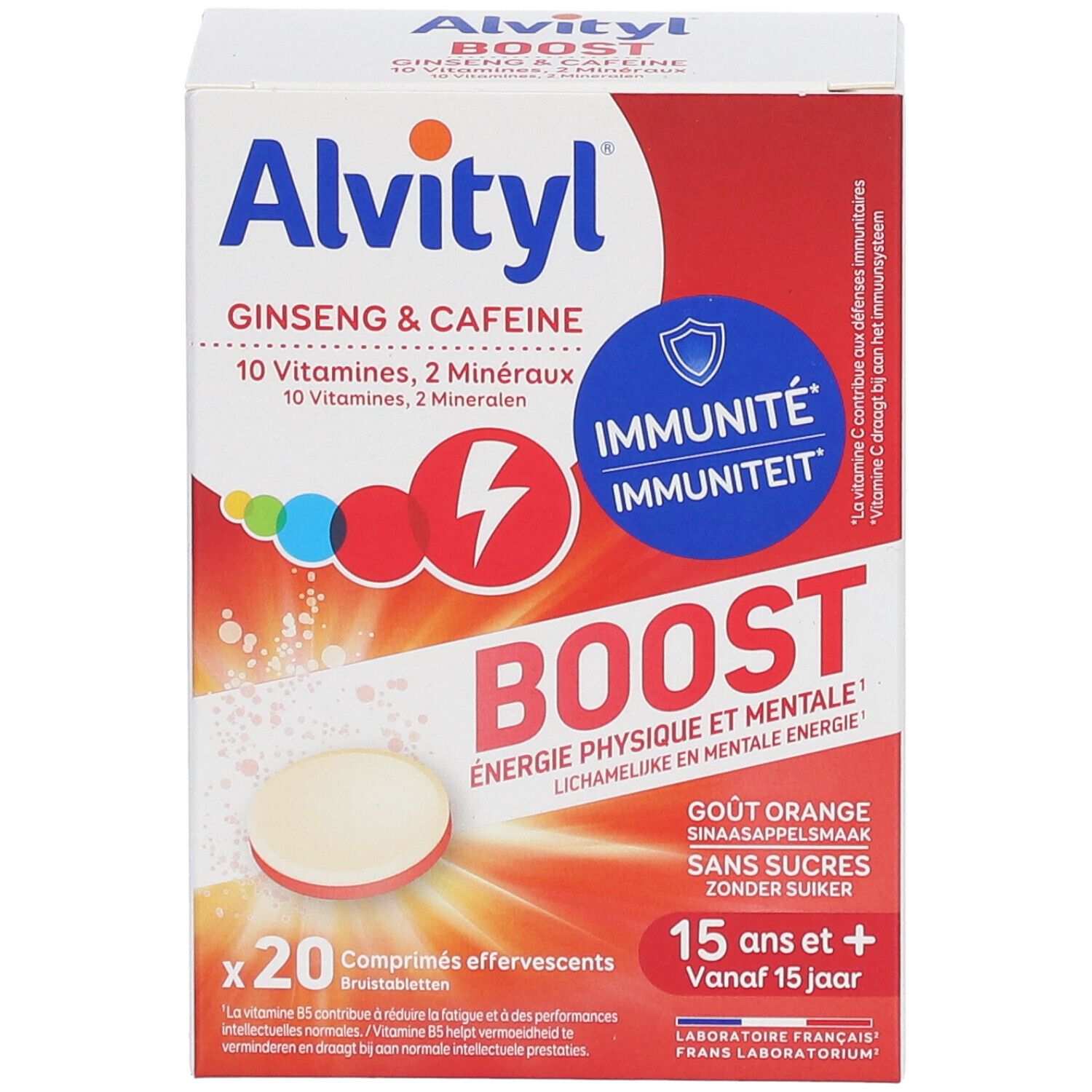 Boîte Alvityl Boost. 20 comprimés effervescents. Ginseng, caféine, vitamines et minéraux. Saveur orange.