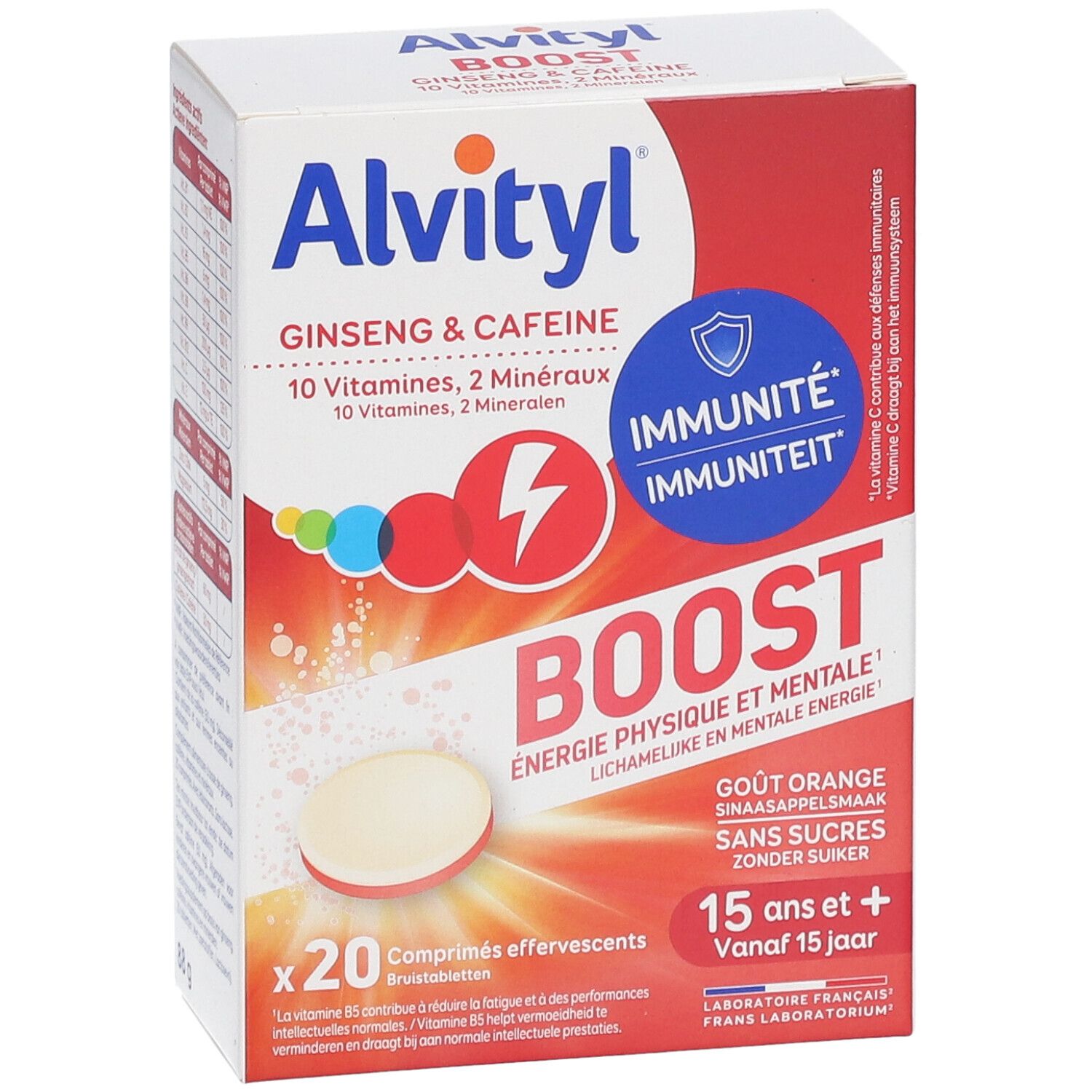 Boîte Alvityl Boost. 20 comprimés effervescents. Ginseng, caféine, vitamines et minéraux. Saveur orange.