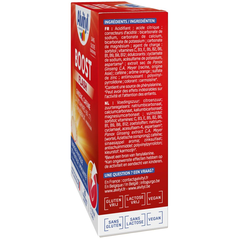 Dos de la boîte Alvityl Boost Flash. Ingrédients, informations nutritionnelles et certifications.