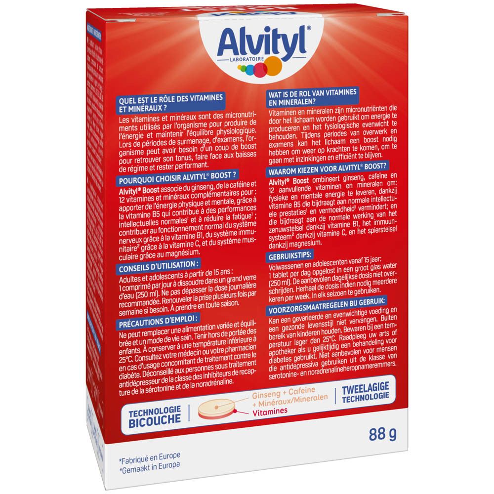 Dos de la boîte Alvityl Boost Flash. Informations sur les ingrédients, l'utilisation et les précautions.