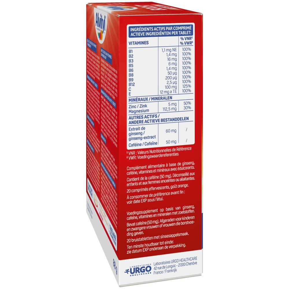 Côté de la boîte Alvityl Boost Flash. Liste des ingrédients et certifications.