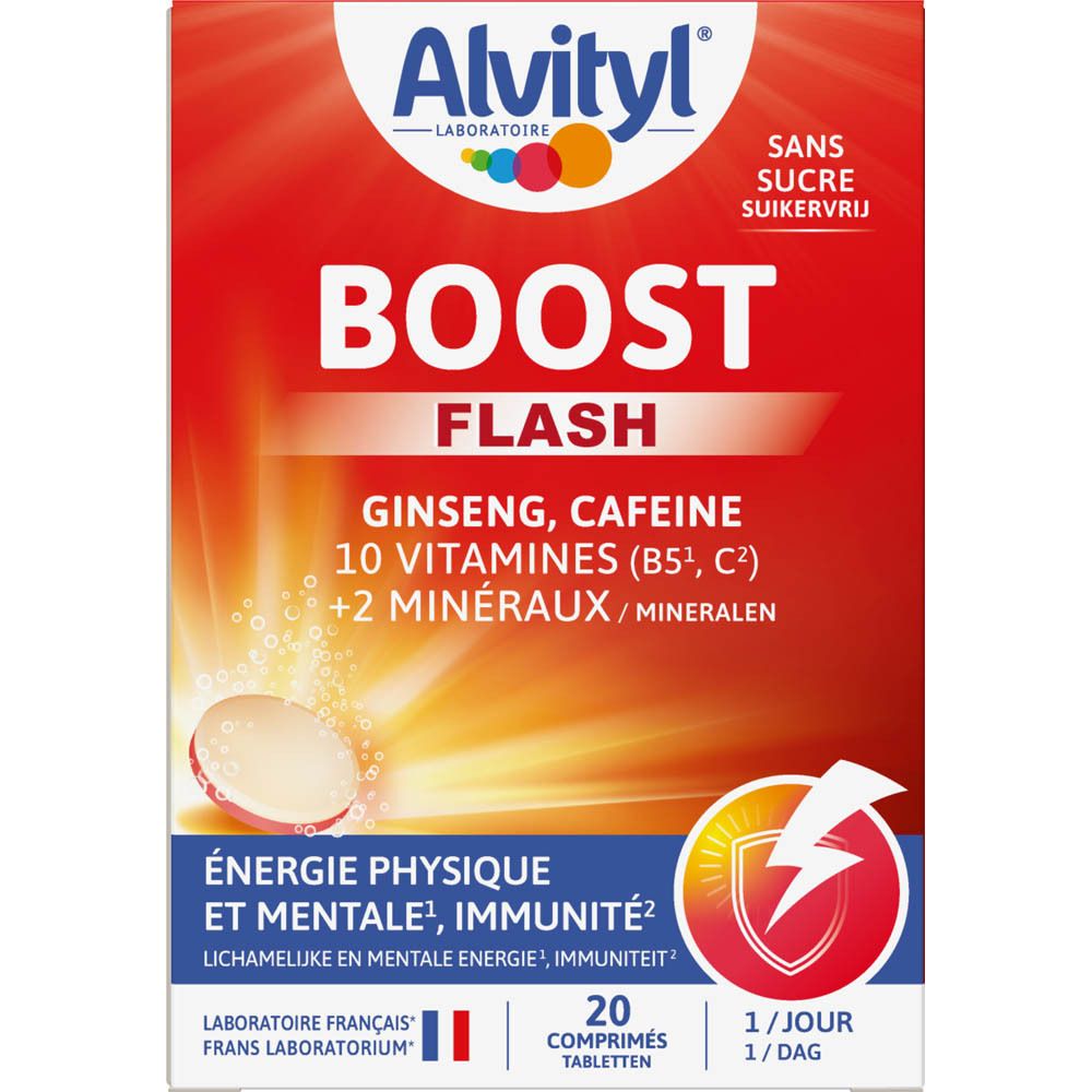 Boîte Alvityl Boost Flash. 20 comprimés. Ginseng, caféine, vitamines et minéraux. 1 comprimé par jour.