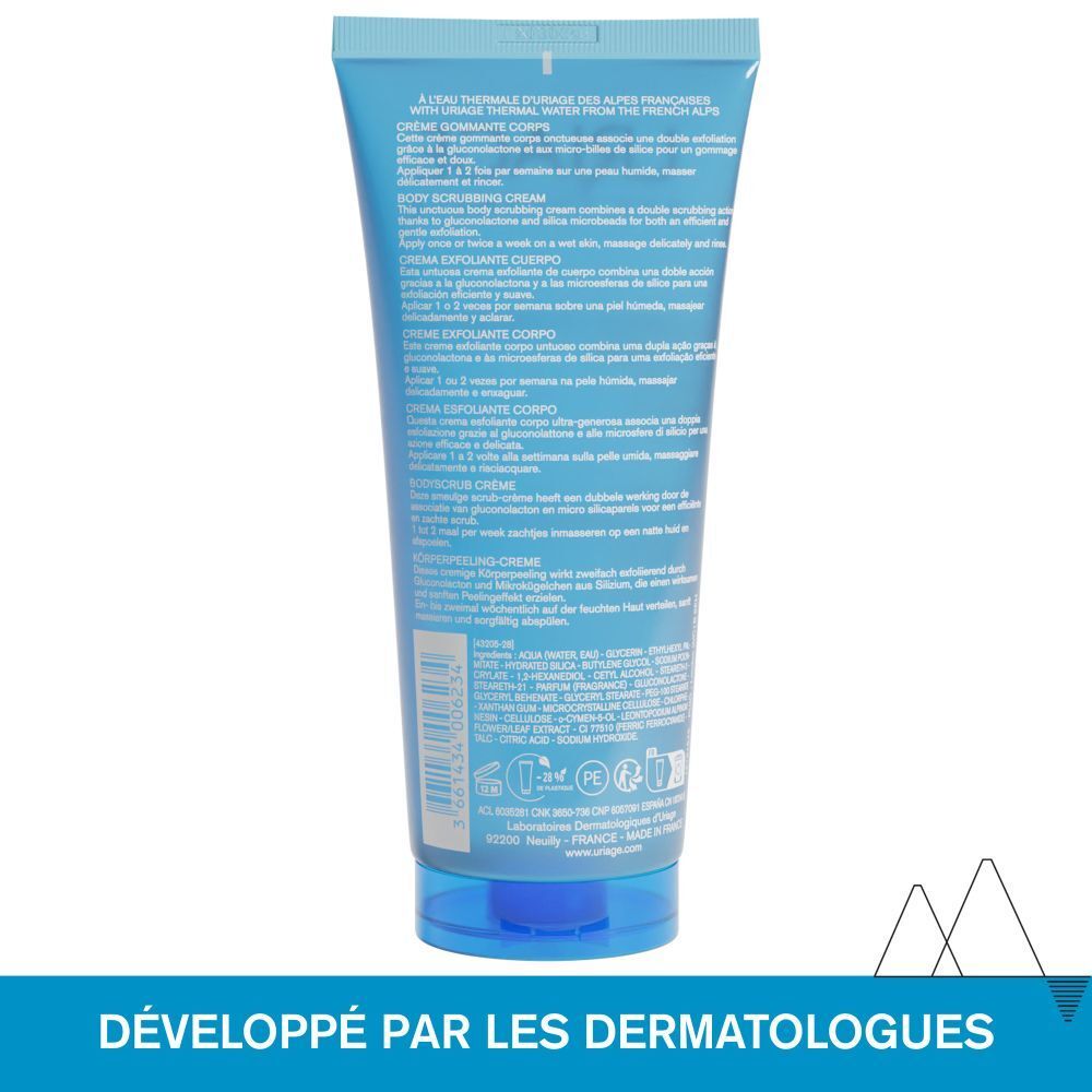 Dos du flacon de shampooing Uriage DS Hair. Flacon bleu avec bouchon blanc. Texte.