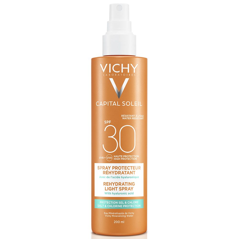 Orangefarbene Sprühflasche mit weißem Sprühkopf. Aufschrift: VICHY, CAPITAL SOLEIL, SPF 30. Text: Spray Protecteur Réhydratant.