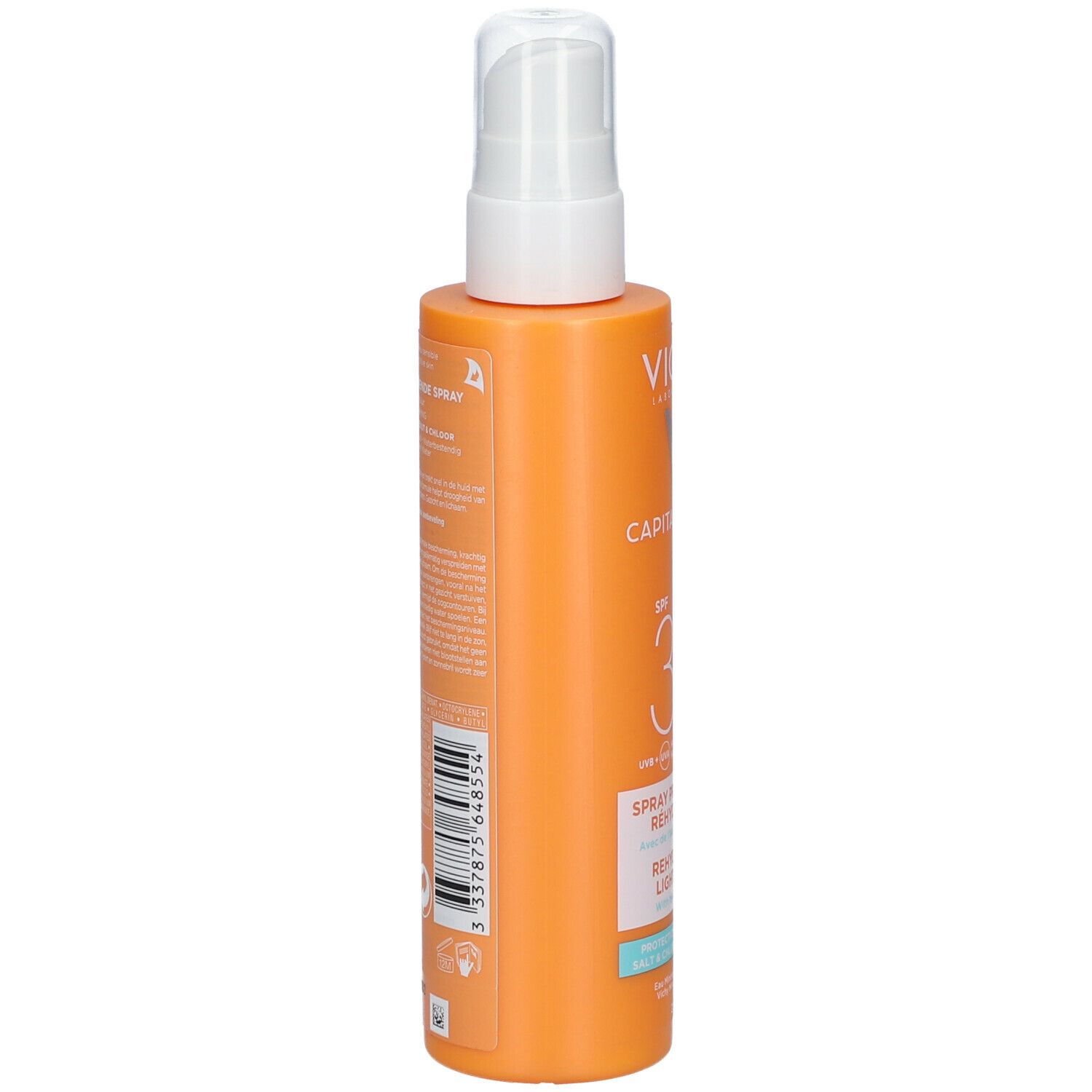 Orangefarbene Sprühflasche mit weißem Sprühkopf. Aufschrift: VICHY, CAPITAL SOLEIL, SPF 30. Text: Spray Protecteur Réhydratant.