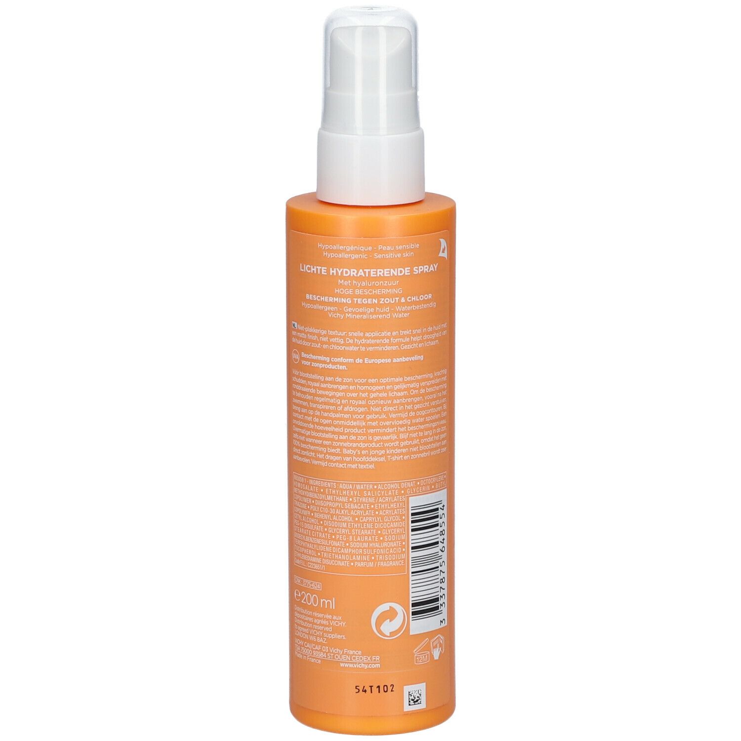 Rückseite einer orangefarbenen Sprühflasche. Textinformationen und Barcode. Unten: 200 ml.