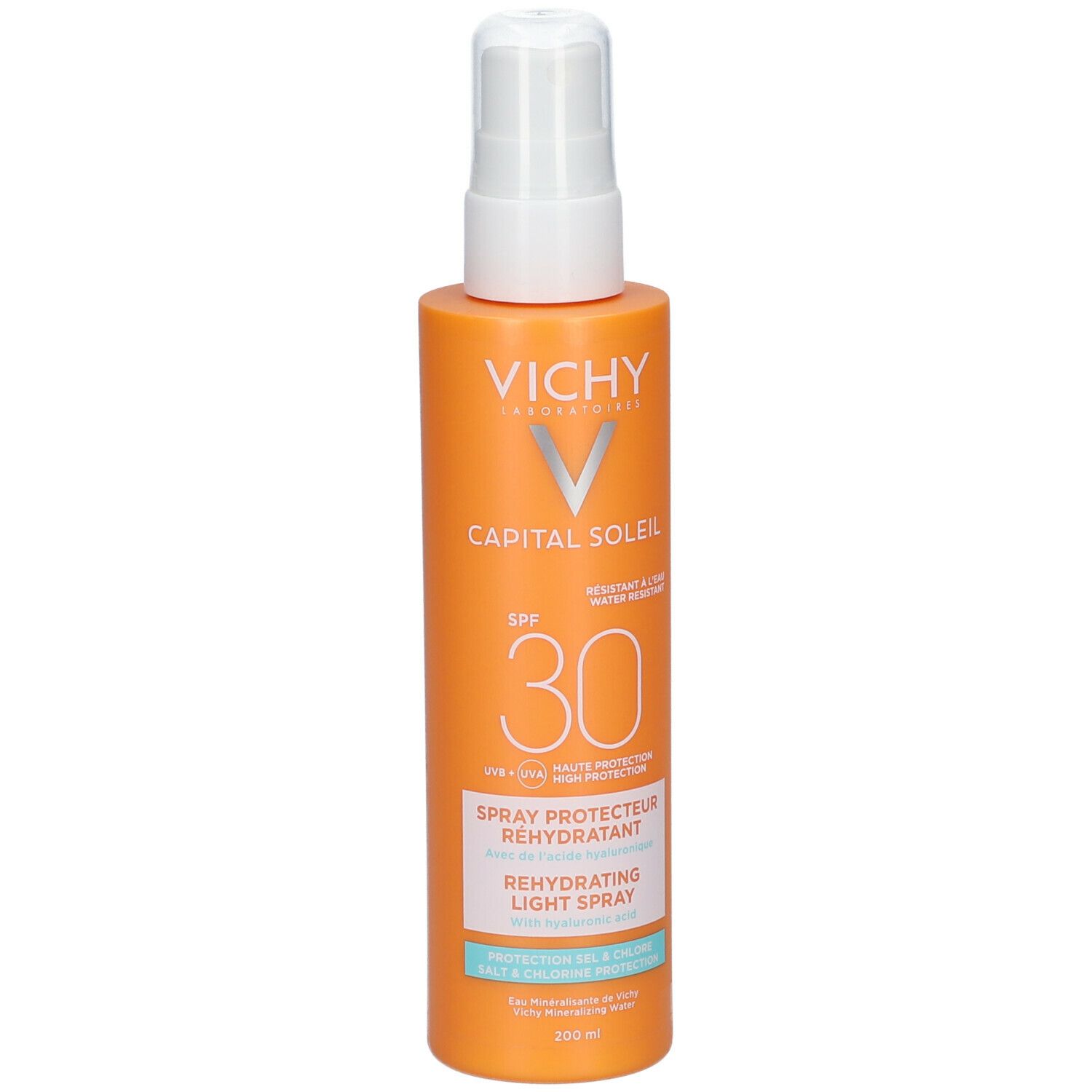 Orangefarbene Sprühflasche mit weißem Sprühkopf. Aufschrift: VICHY, CAPITAL SOLEIL, SPF 30. Text: Spray Protecteur Réhydratant.