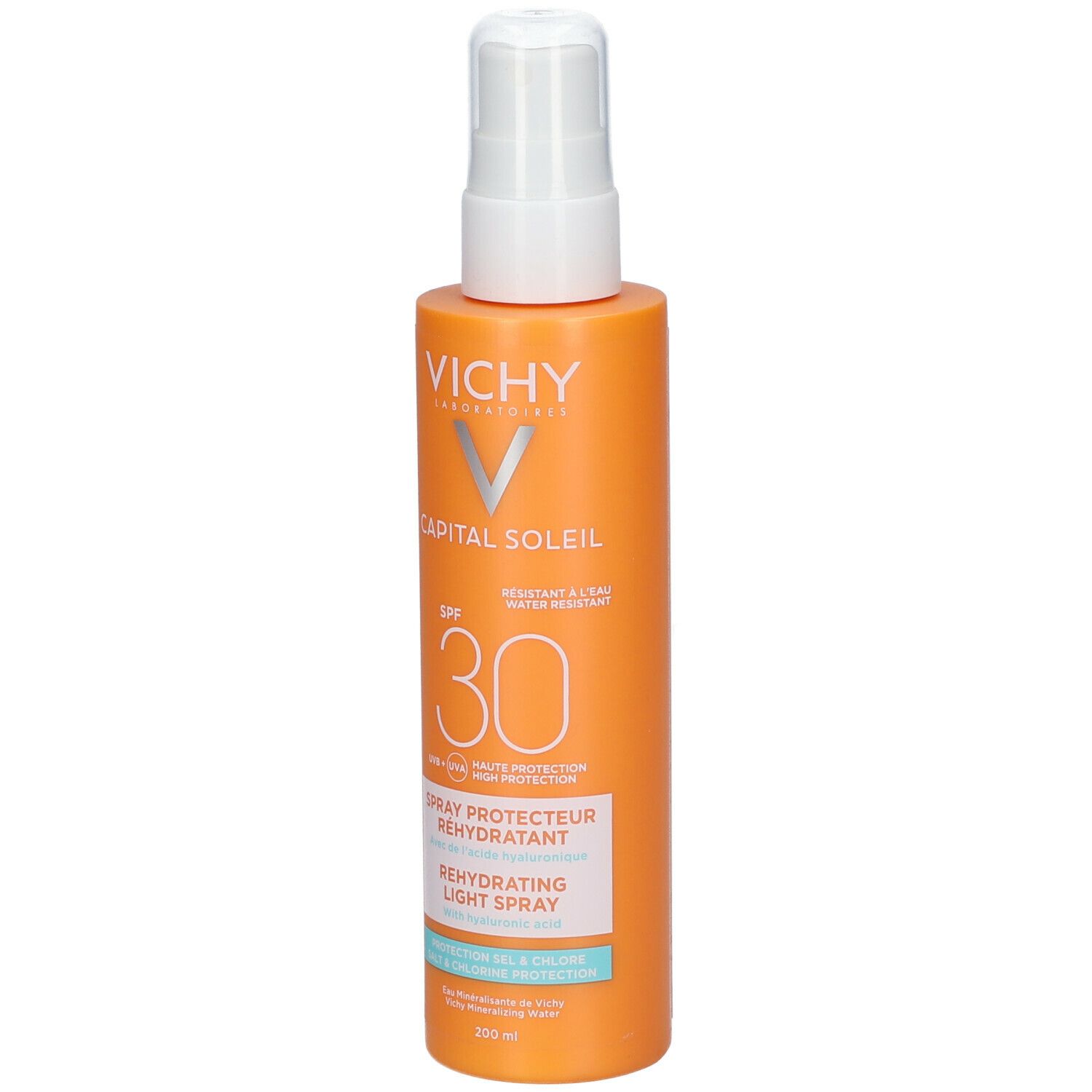 Orangefarbene Sprühflasche mit weißem Sprühkopf. Aufschrift: VICHY, CAPITAL SOLEIL, SPF 30. Text: Spray Protecteur Réhydratant.