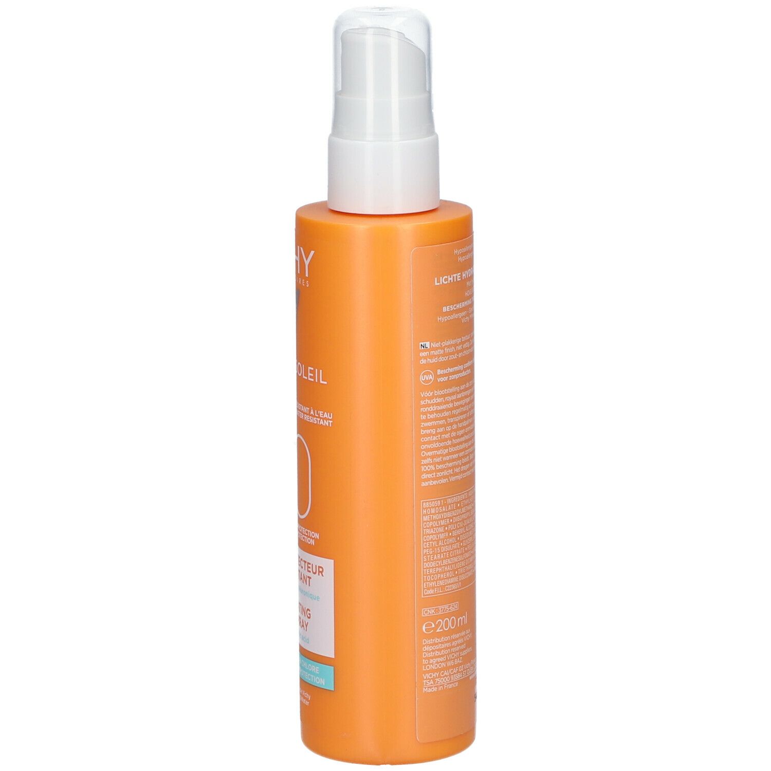 Orangefarbene Sprühflasche mit weißem Sprühkopf. Aufschrift: VICHY, CAPITAL SOLEIL, SPF 30. Text: Spray Protecteur Réhydratant.