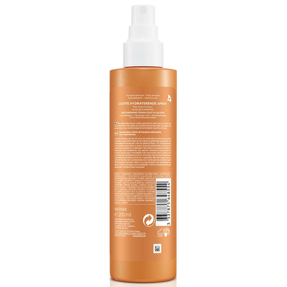 Rückseite einer orangefarbenen Sprühflasche. Textinformationen und Barcode. Unten: 200 ml.