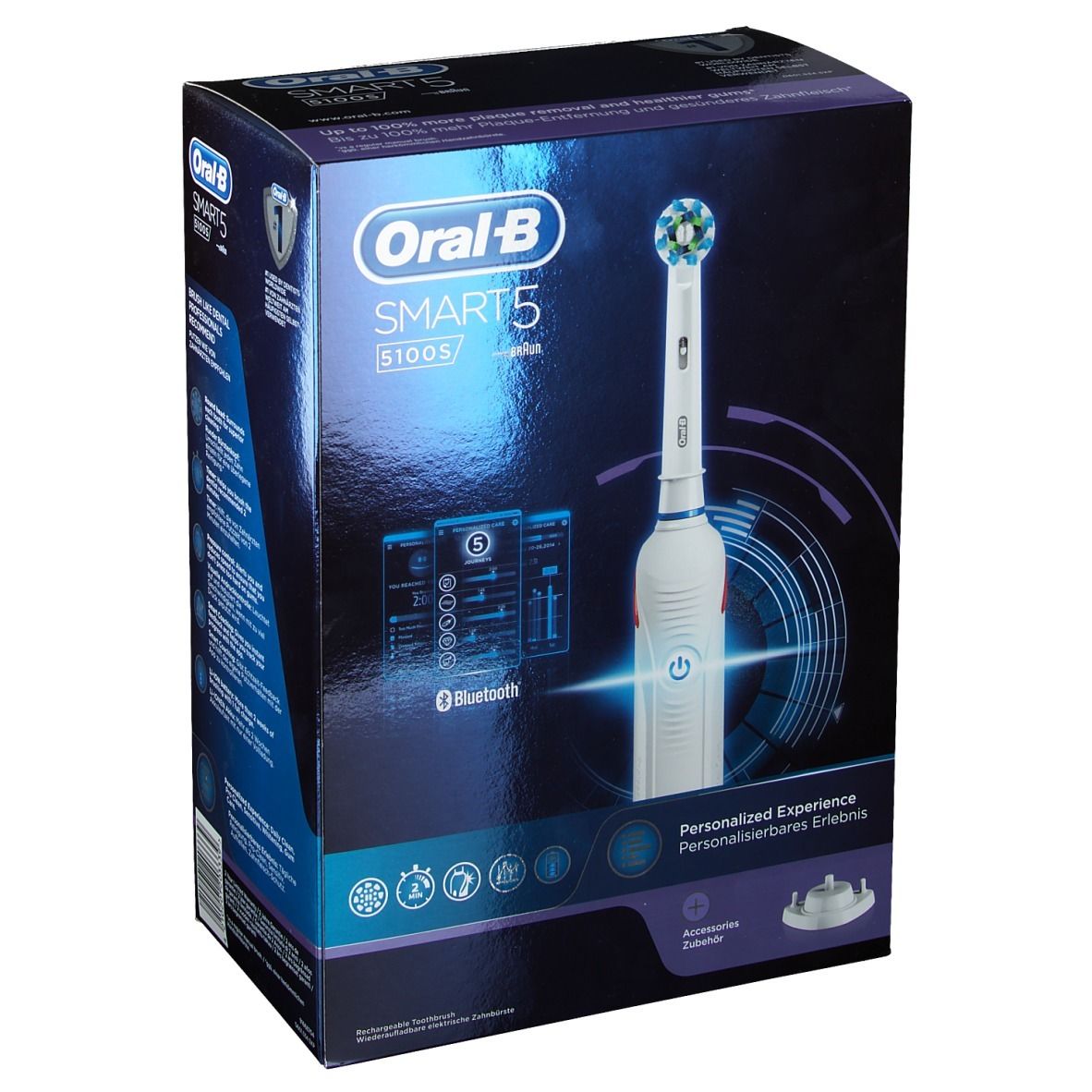 Verpackung der elektrischen Zahnbürste Oral-B Smart 5 5100S. Die Verpackung zeigt die Zahnbürste und Zubehör.