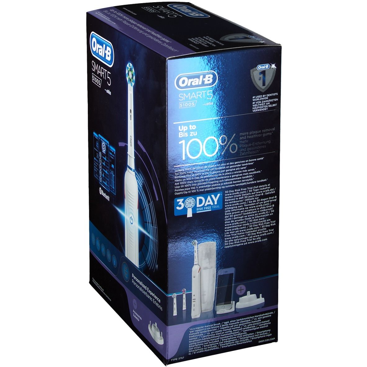 Verpackung der elektrischen Zahnbürste Oral-B Smart 5 5100S. Auf der Verpackung sind die Zahnbürste, Zubehör und Smartphone abgebildet.