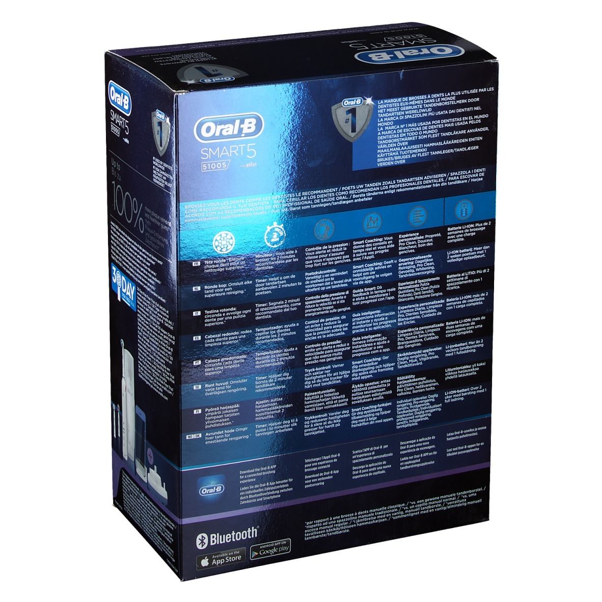 Rückseite der Verpackung der elektrischen Zahnbürste Oral-B Smart 5 5100S. Text in mehreren Sprachen.