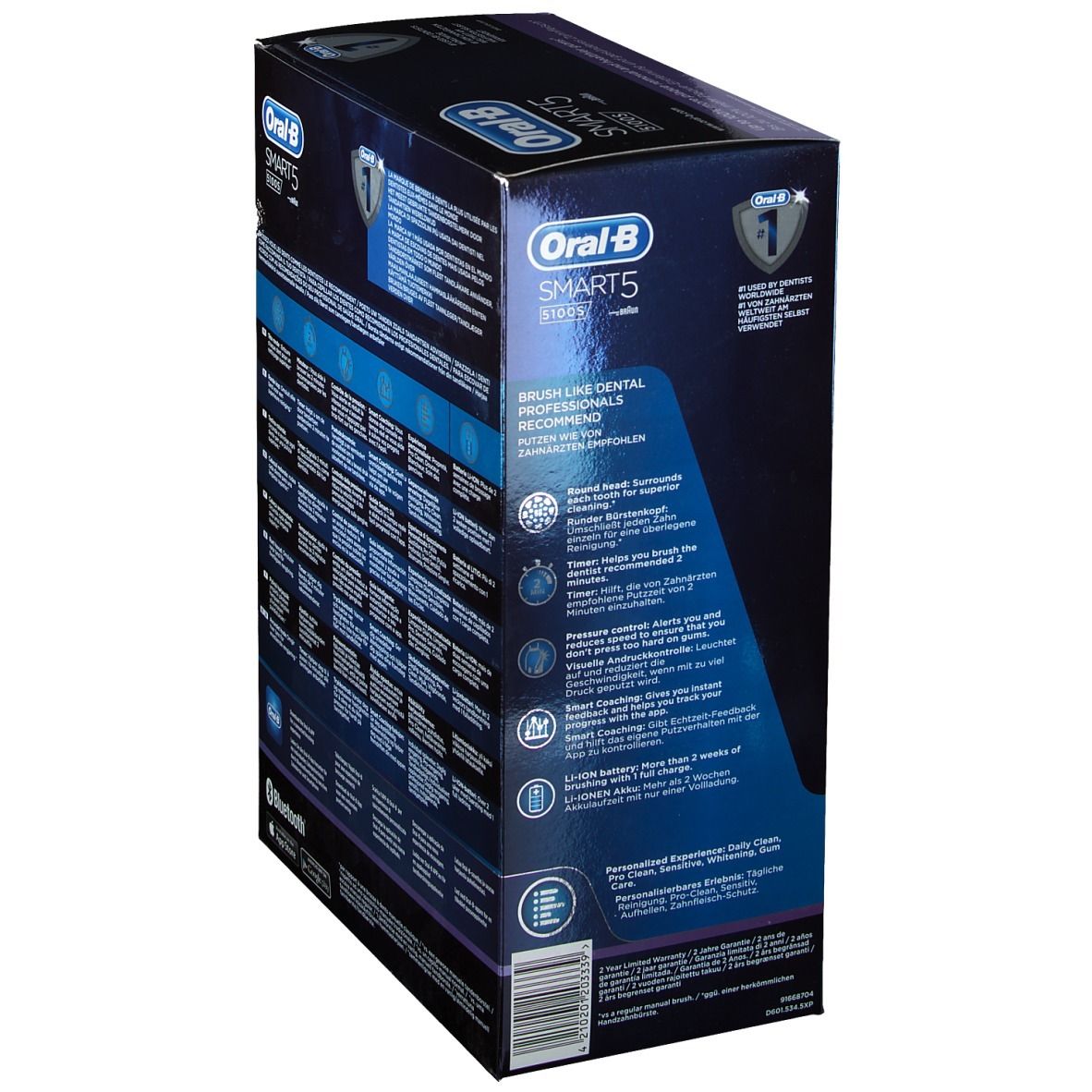 Seite der Verpackung der elektrischen Zahnbürste Oral-B Smart 5 5100S. Text und Symbole.