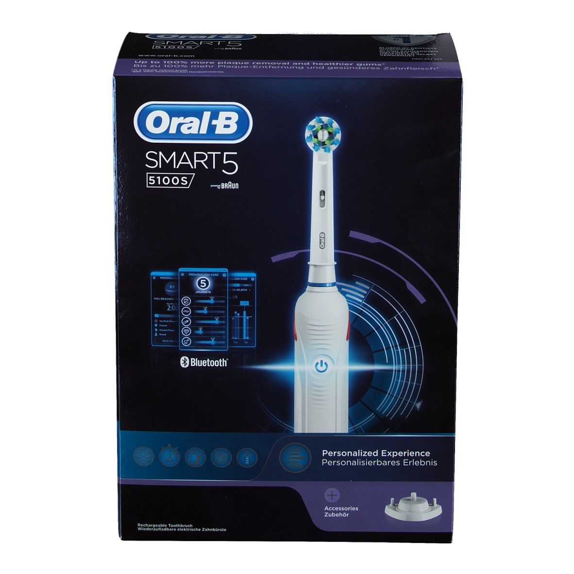 Verpackung der elektrischen Zahnbürste Oral-B Smart 5 5100S. Die Verpackung zeigt die Zahnbürste und Zubehör.