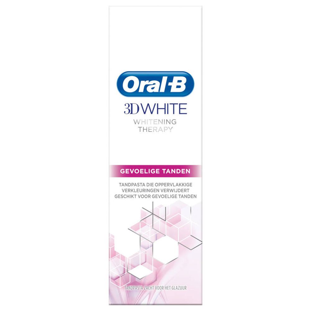 Tandpastatube Oral-B 3D White Whitening Therapy. Voor gevoelige tanden. Wit en blauw design.
