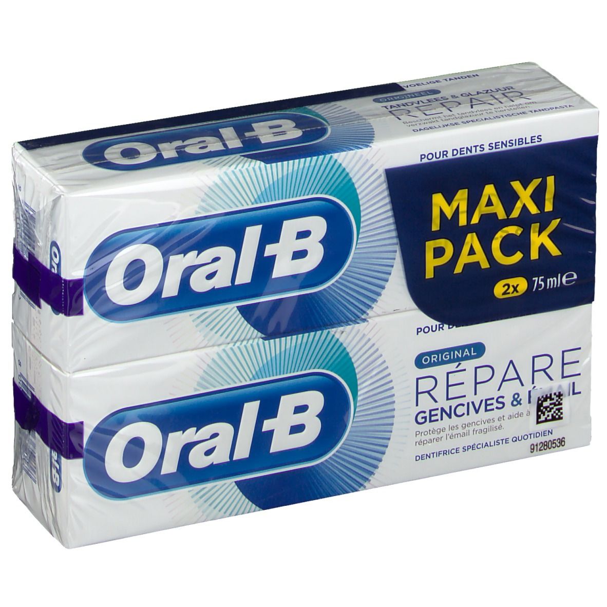 Doppelpackung Zahnpasta. Zwei Tuben in weißer Verpackung mit blauem Logo. Schriftzug: Oral-B, Repair, Maxi Pack.