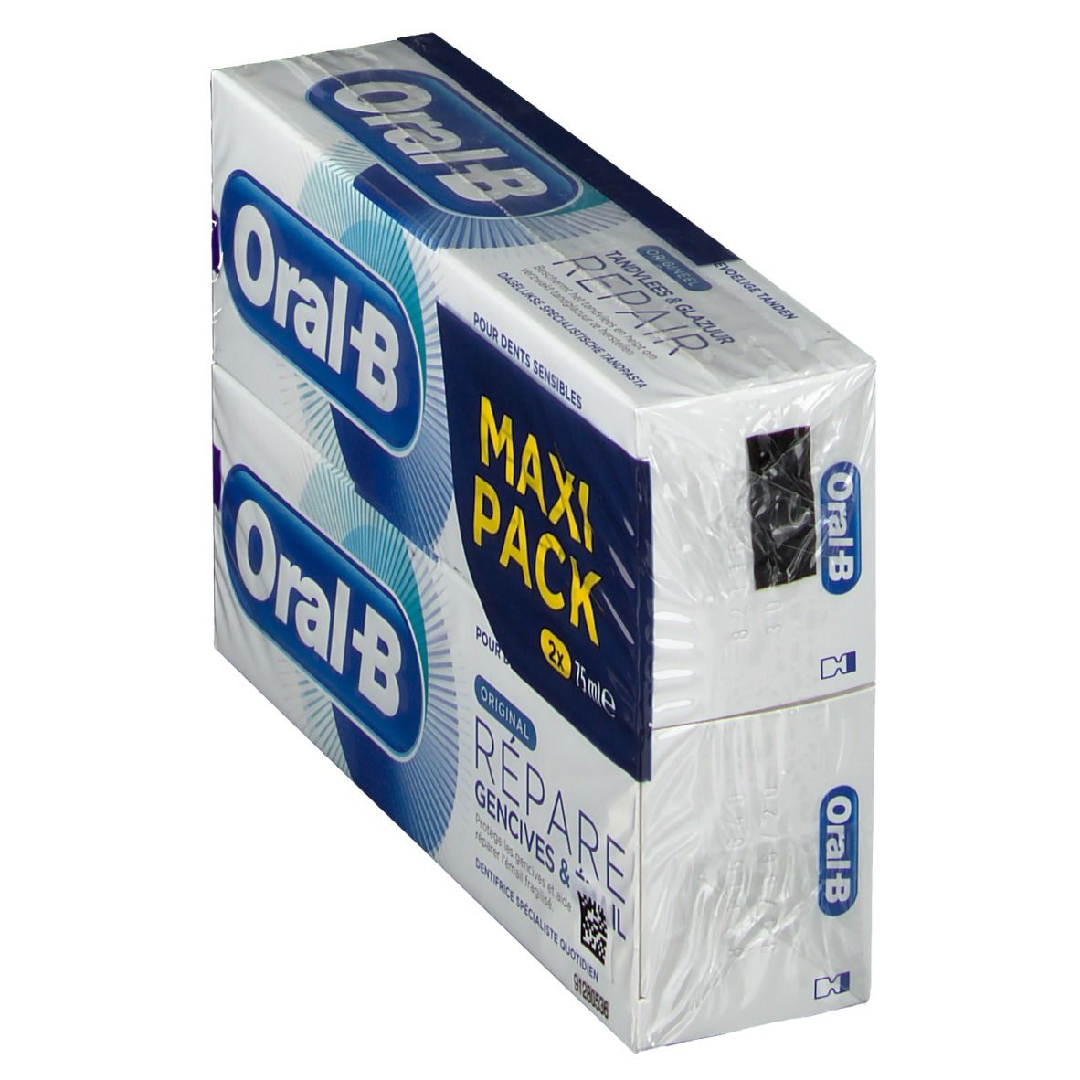 Doppelpackung Zahnpasta, schräg gestellt. Weiße und blaue Verpackung mit Oral-B Logo. Schriftzug: Repair, Maxi Pack.