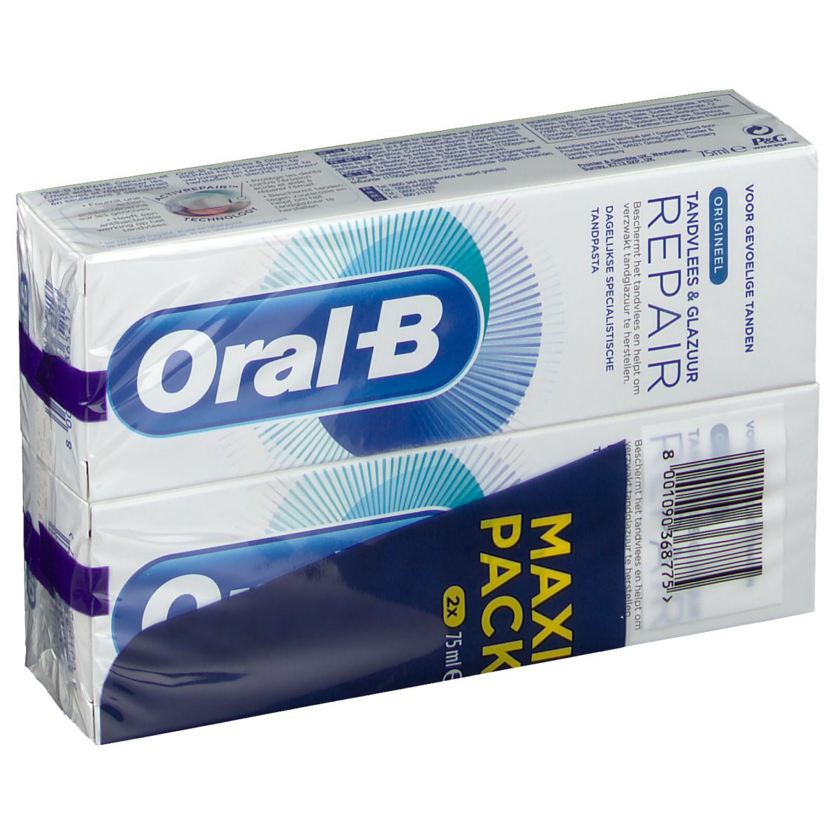 Doppelpackung Zahnpasta, schräg gestellt. Weiße und blaue Verpackung mit Oral-B Logo. Schriftzug: Repair, Maxi Pack.