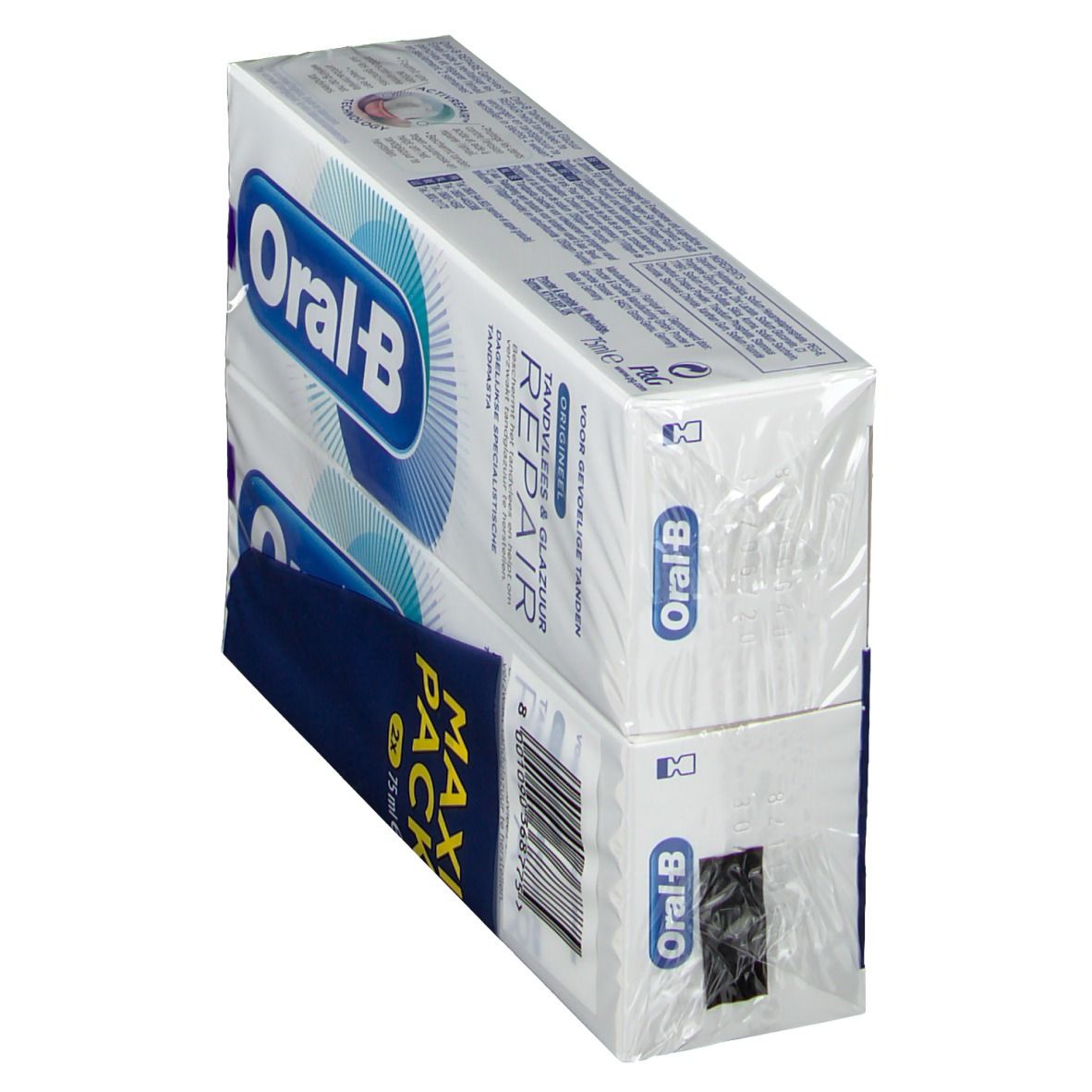 Doppelpackung Zahnpasta, schräg gestellt. Weiße und blaue Verpackung mit Oral-B Logo. Schriftzug: Repair, Maxi Pack.