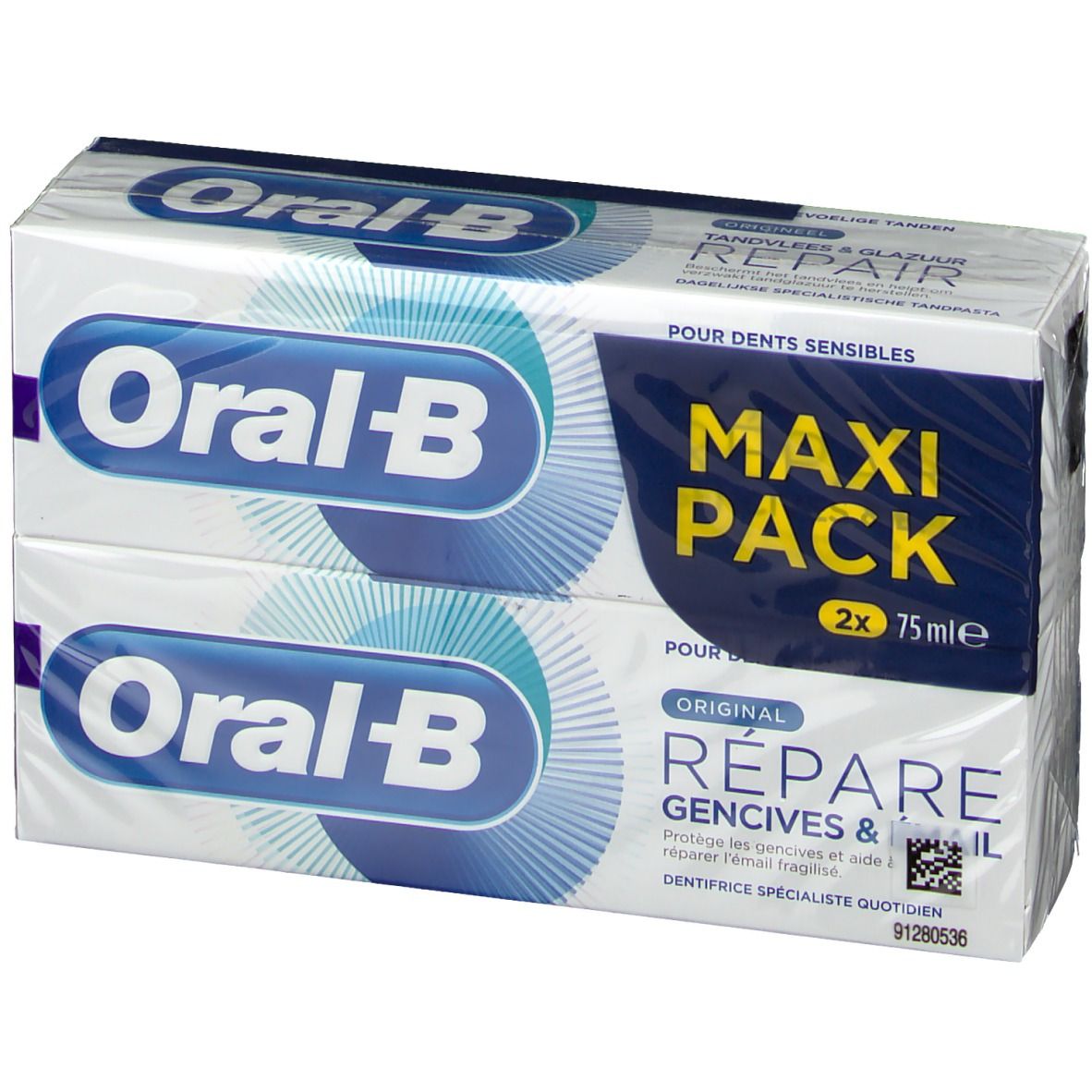 Doppelpackung Zahnpasta. Zwei Tuben in weißer Verpackung mit blauem Logo. Schriftzug: Oral-B, Repair, Maxi Pack.