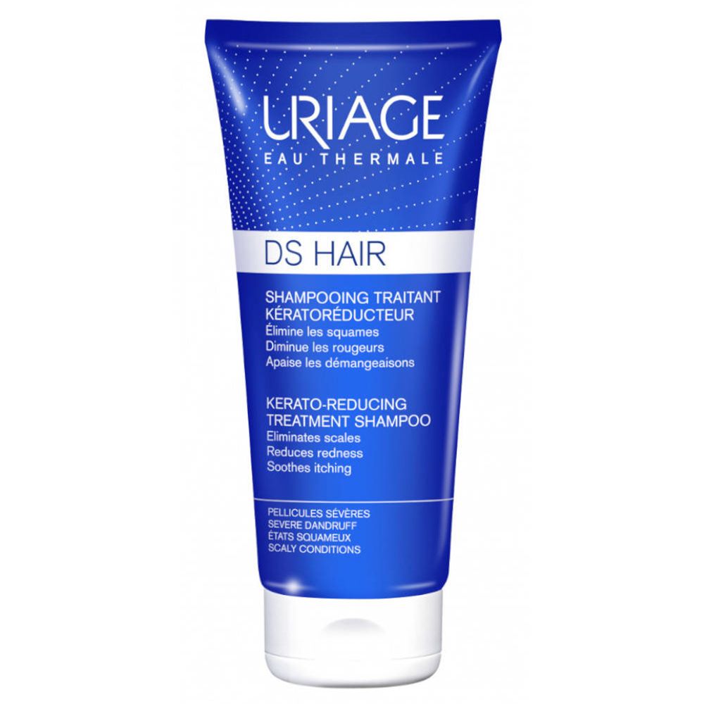 Blauw-witte tube met Uriage-logo en DS Hair-opschrift. Bevat shampoo. Tekst in het Frans en Engels.