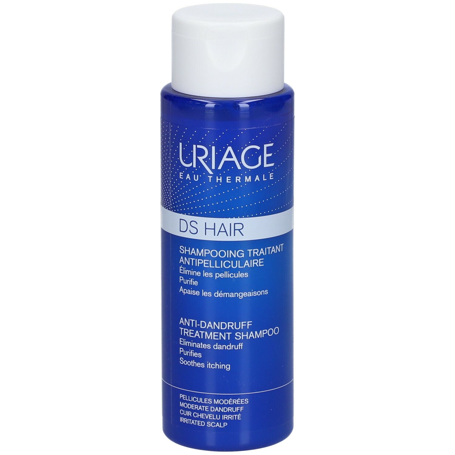 Blauwe fles Uriage DS Hair shampoo. Witte dop. Tekst: DS Hair, anti-roos shampoo, kalmeert de hoofdhuid.