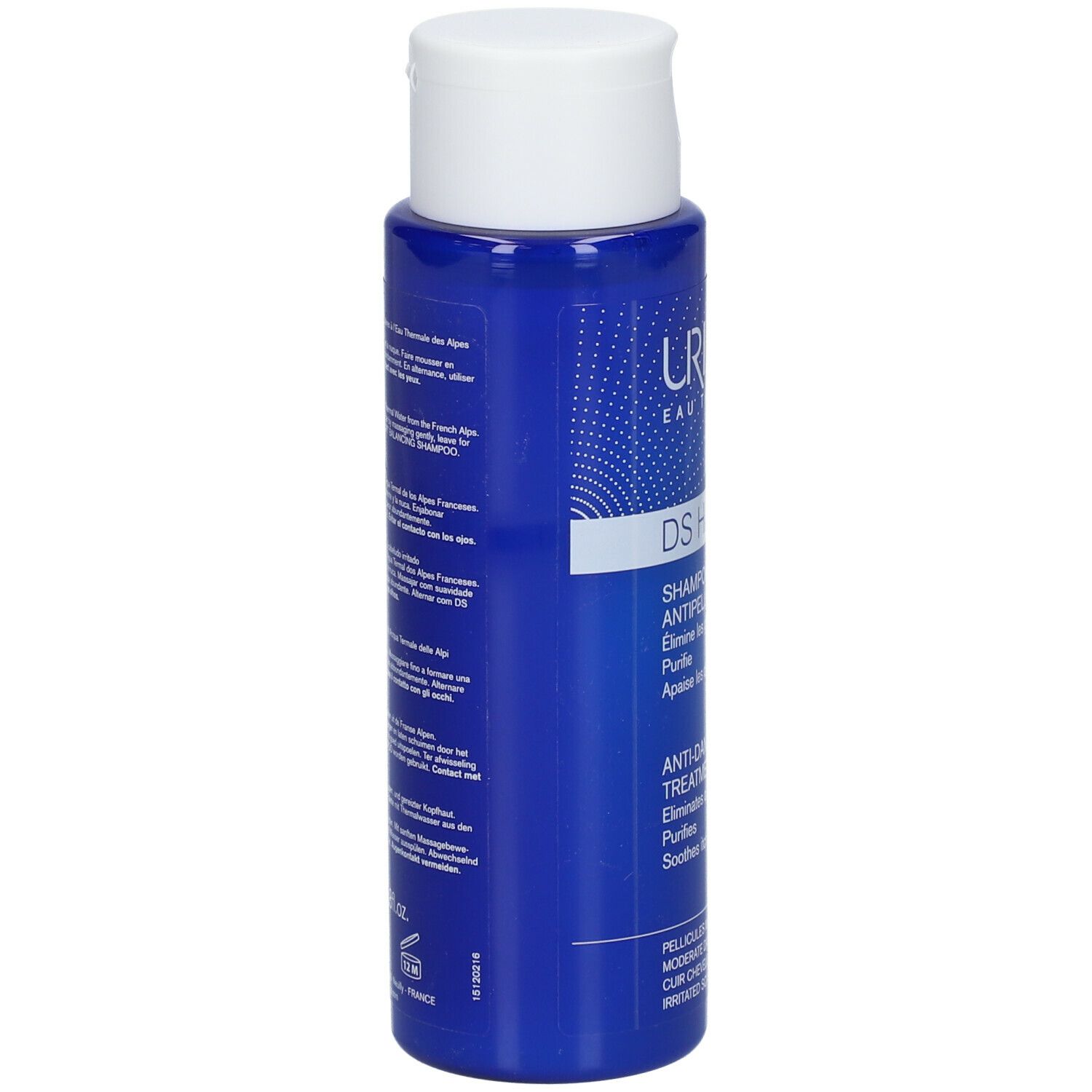 Blauwe fles Uriage DS Hair shampoo. Achterkant met tekst in verschillende talen. Witte dop.