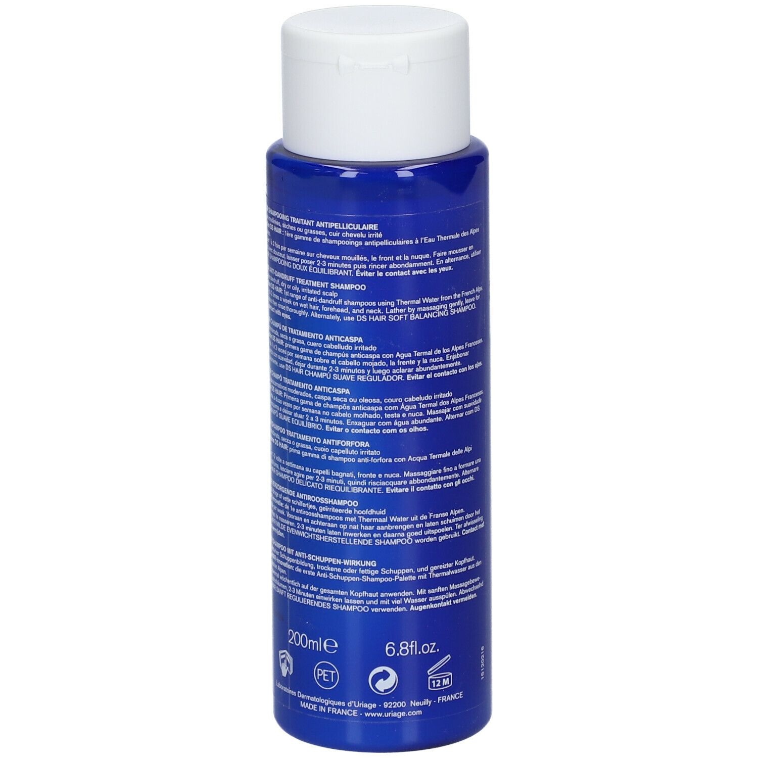 Achterkant van de blauwe fles Uriage DS Hair shampoo. Tekst in verschillende talen. 200ml.