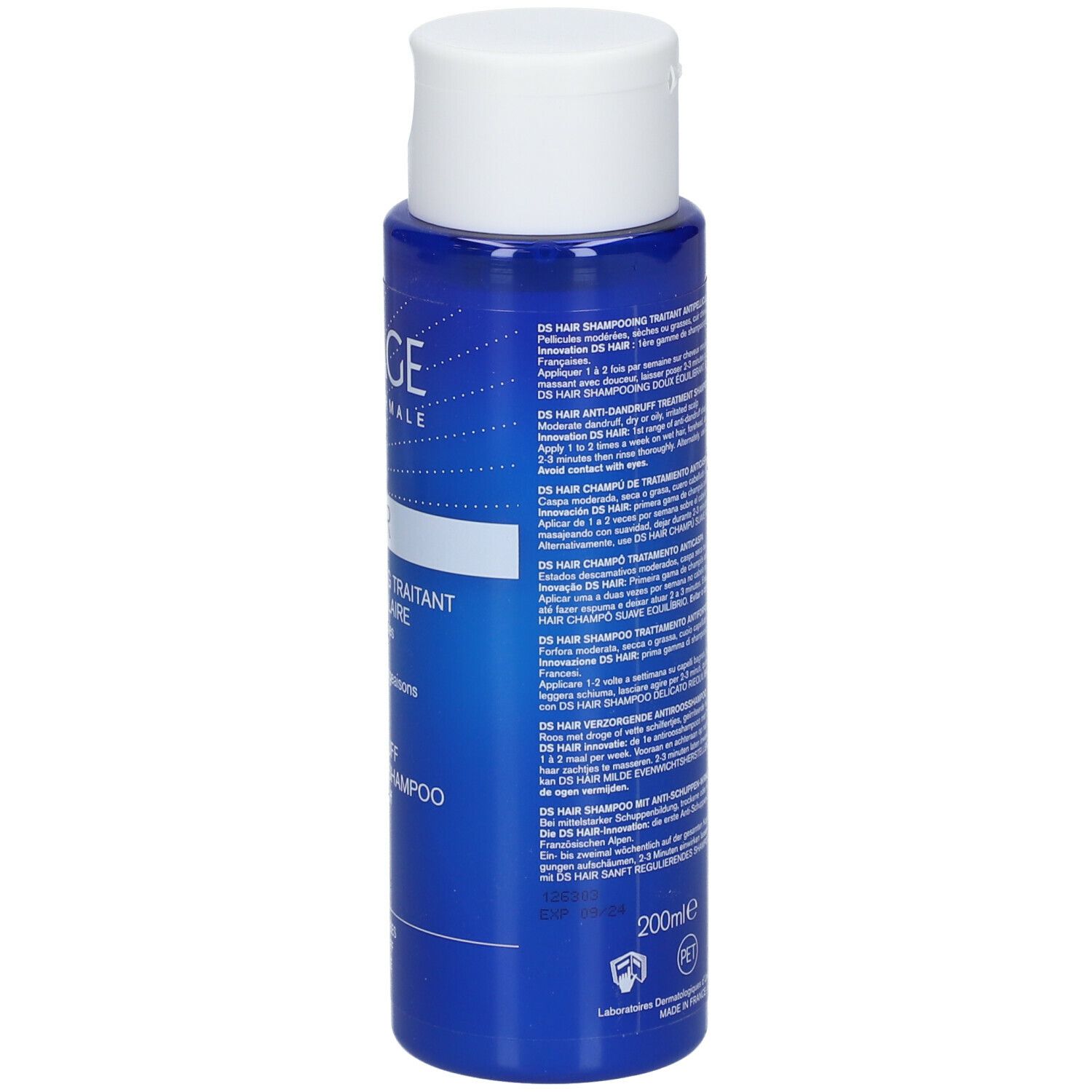 Blauwe fles Uriage DS Hair shampoo. Zijkant met tekst in verschillende talen. Witte dop. 200ml.