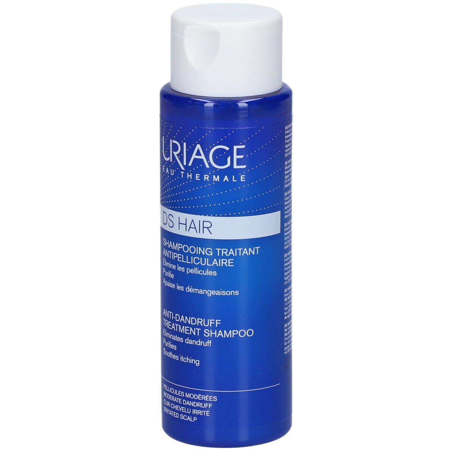 Blauwe fles Uriage DS Hair shampoo. Witte dop. Tekst: DS Hair, anti-roos shampoo.