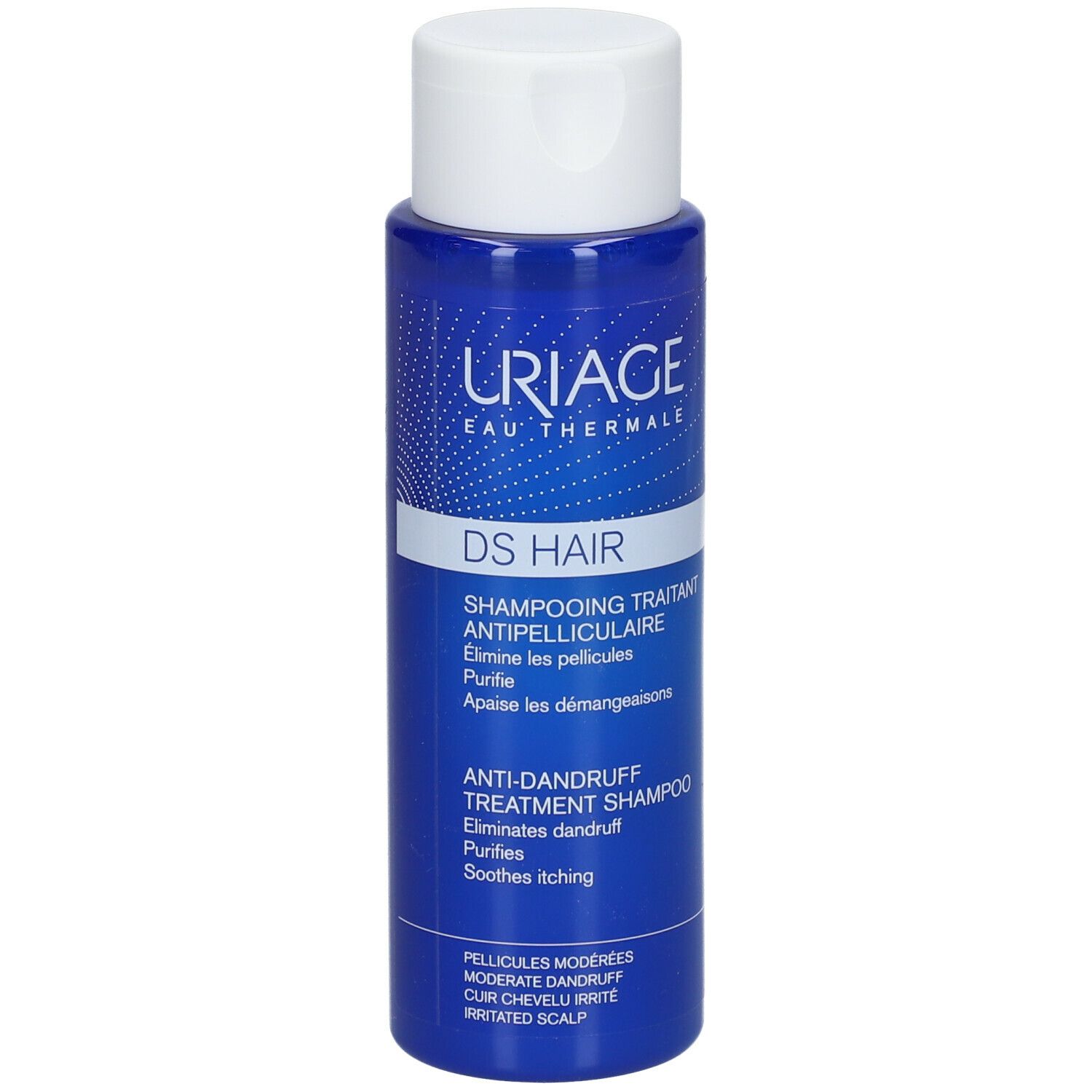 Blauwe fles Uriage DS Hair shampoo. Witte dop. Tekst: DS Hair, anti-roos shampoo.
