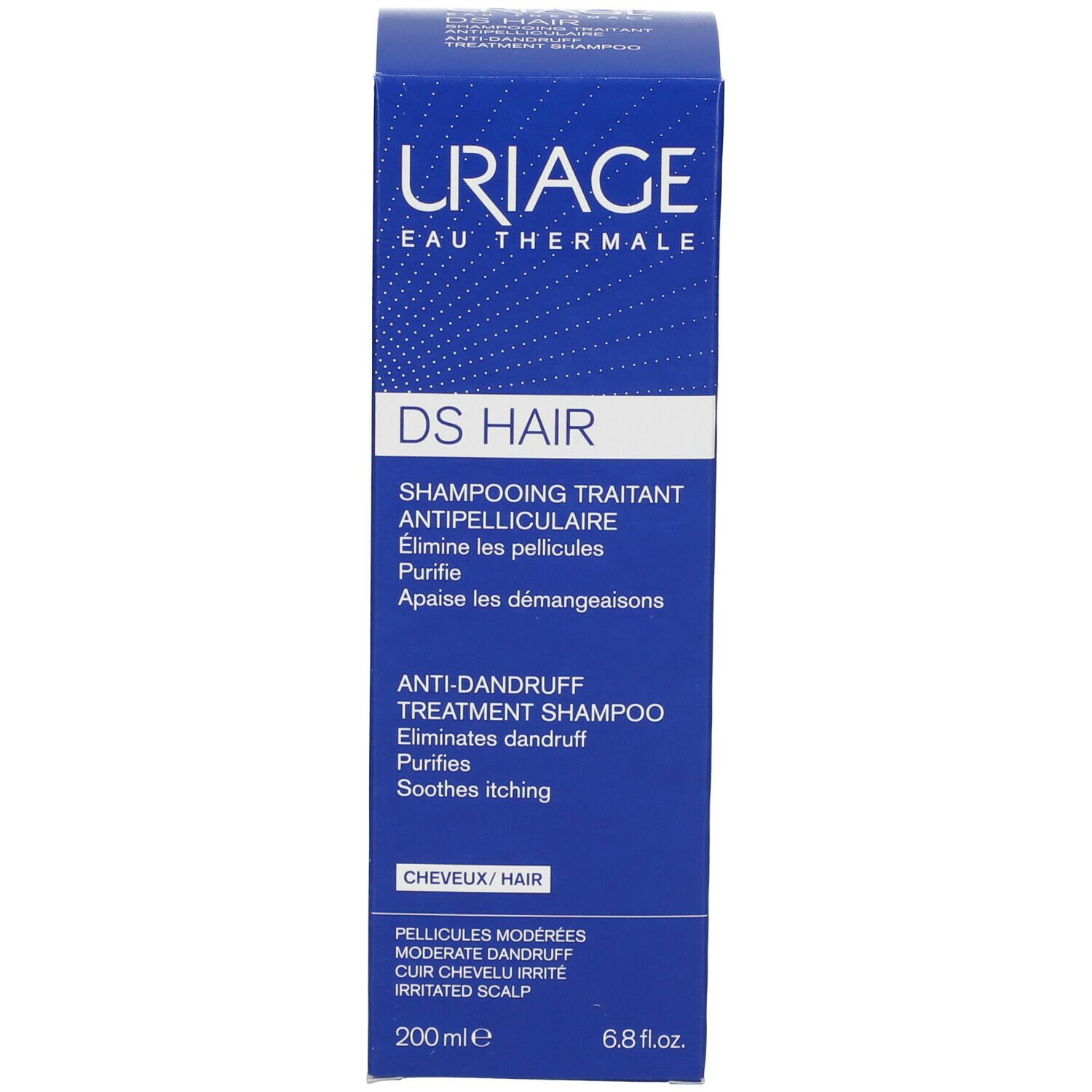 Blauwe doos Uriage DS Hair shampoo. Tekst: anti-roos shampoo. 200ml.