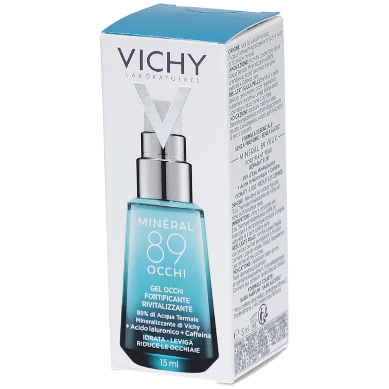 Vichy Mineral 89 Occhi in verpakking. Tekst: Mineral 89, 15 ml. Witte verpakking.