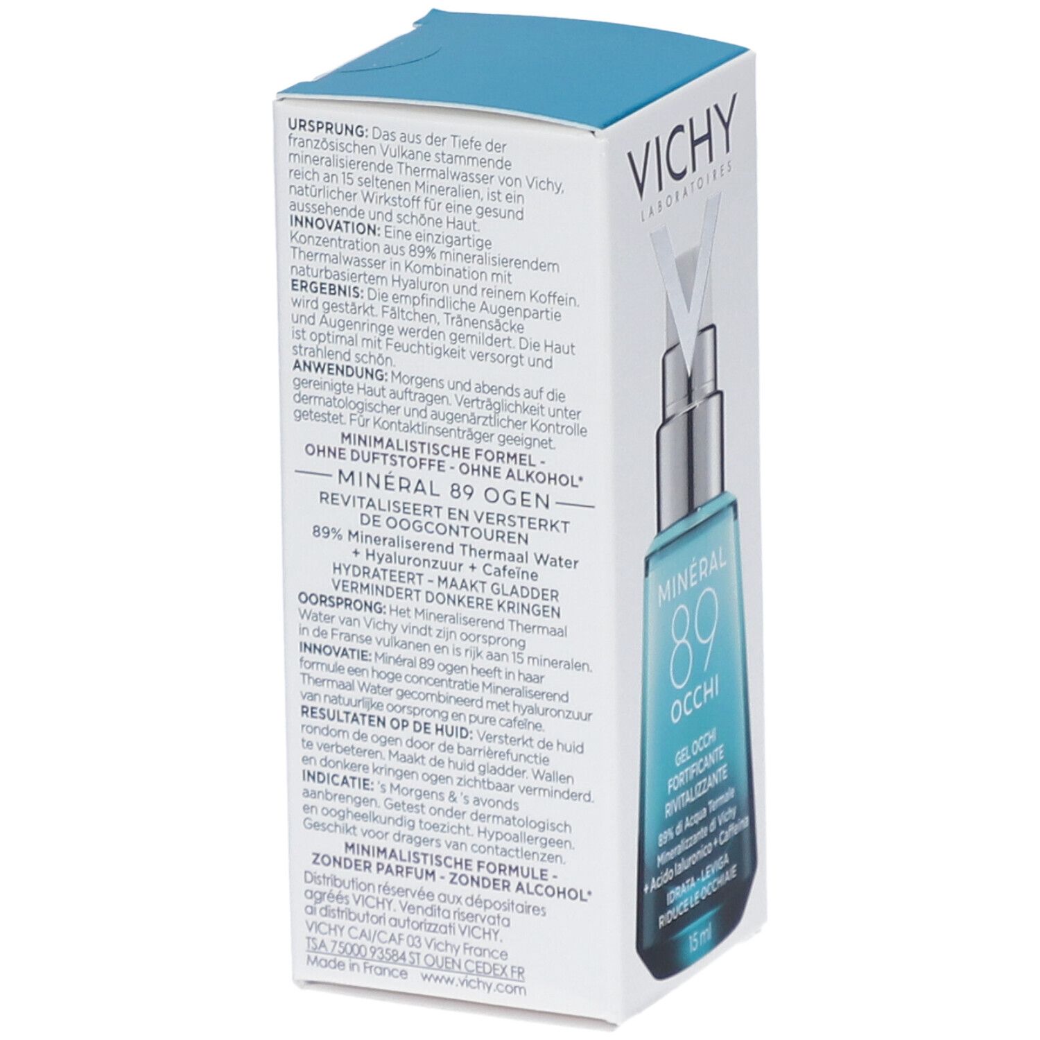 Vichy Mineral 89 Occhi in verpakking. Achterkant met tekst. Witte verpakking.