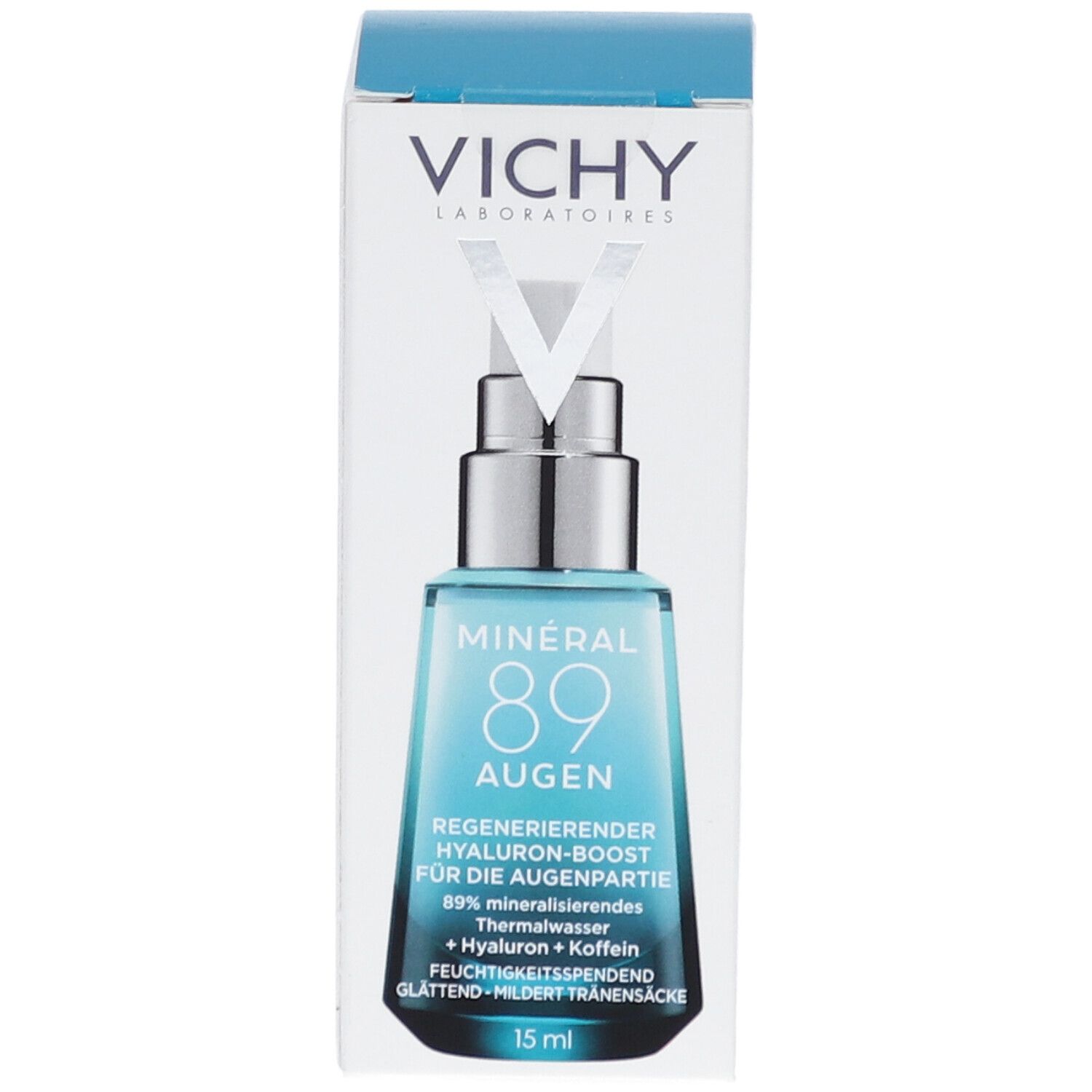 Vichy Mineral 89 Eyes in verpakking. Tekst: Mineral 89, 15 ml. Witte verpakking.